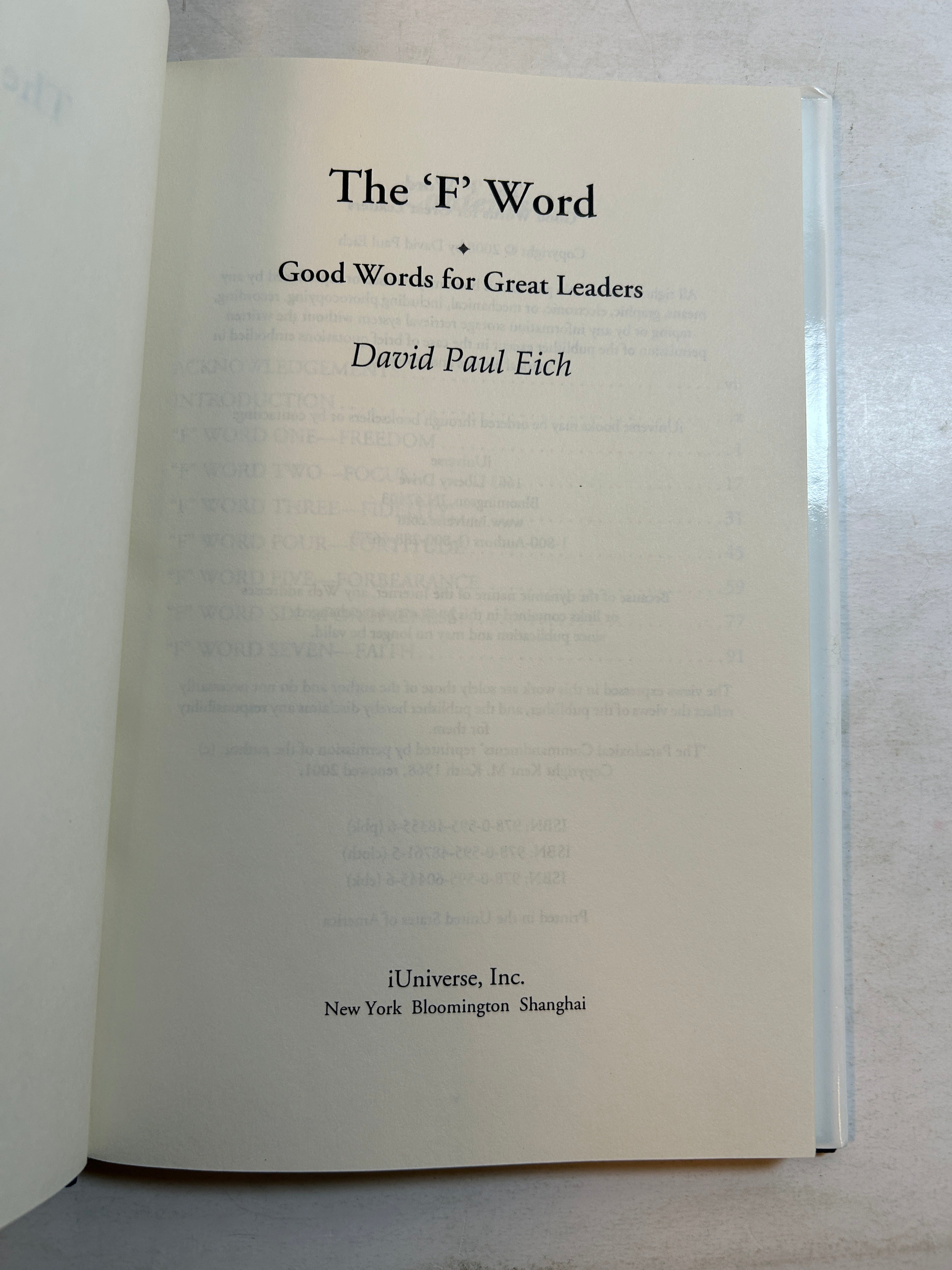 The F Word: Good Words for Great Leaders by David Paul Eich (2008)HCDJ *signed*