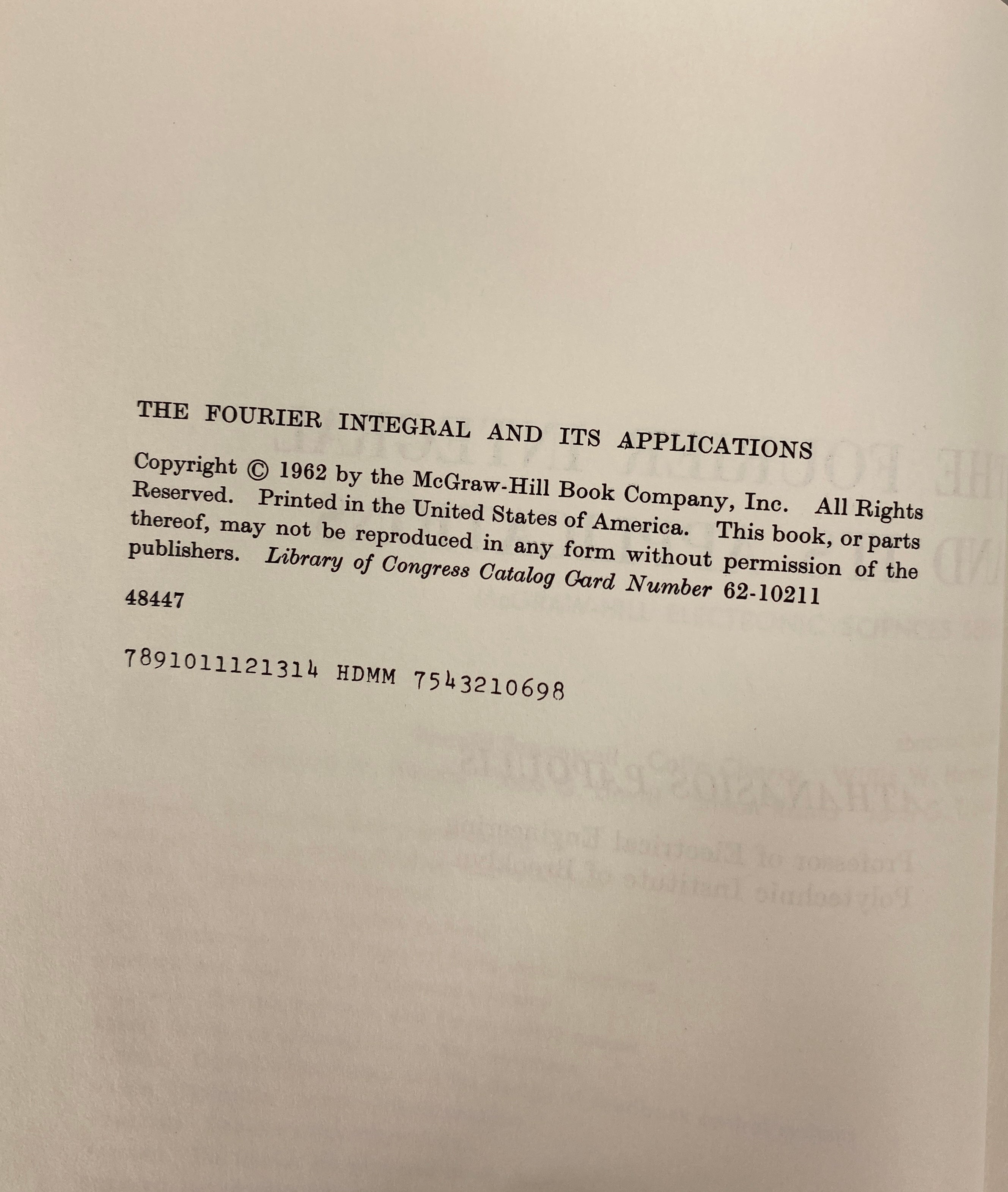 The Fourier Integral and Its Applications by Athanasios Papoulis 1962 HC DJ
