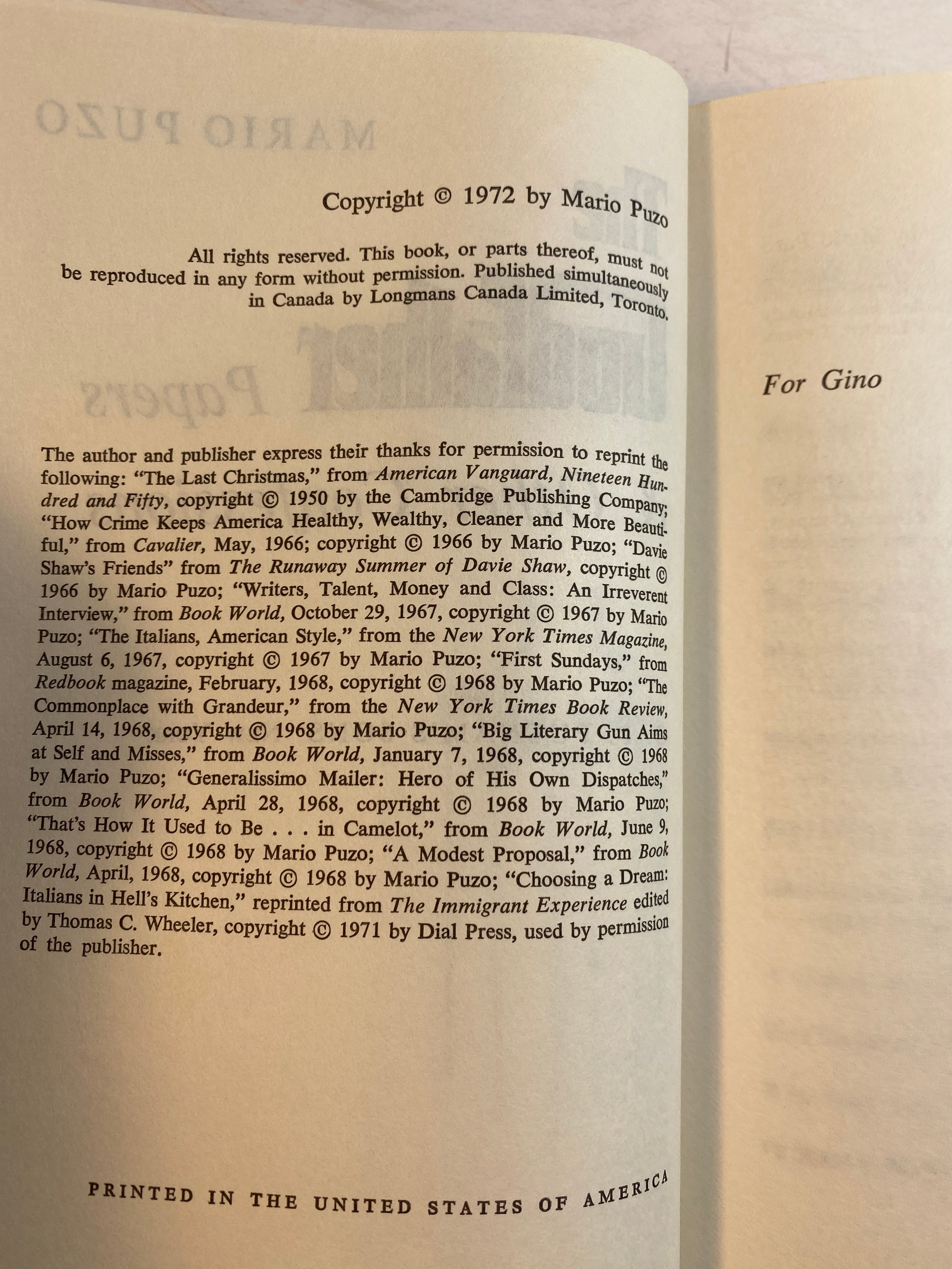 The Godfather Papers Mario Puzo HCDJ 1972