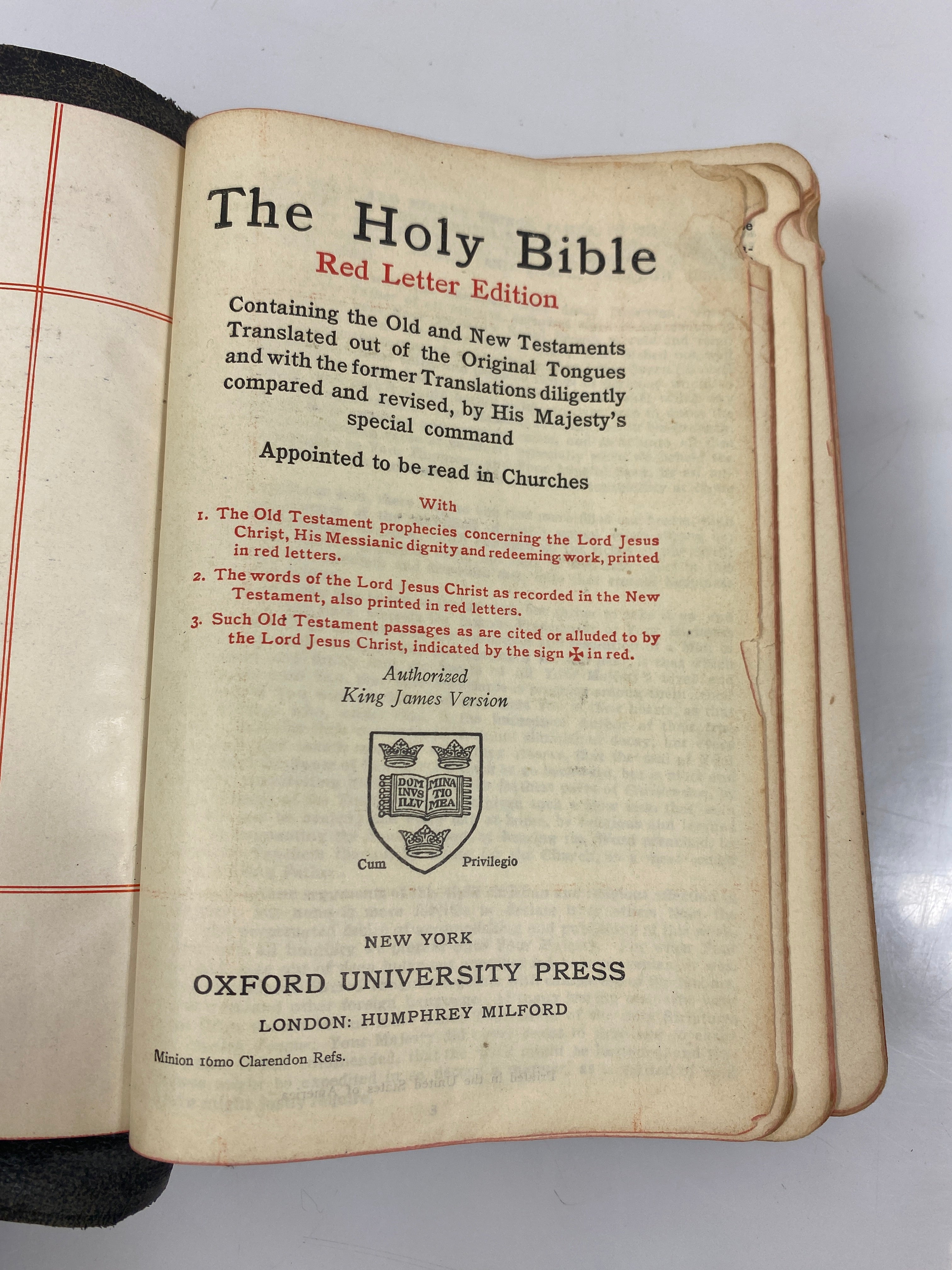 The Holy Bible Red Letter Ed. Oxford University Press KJV Leather Bound c1940s