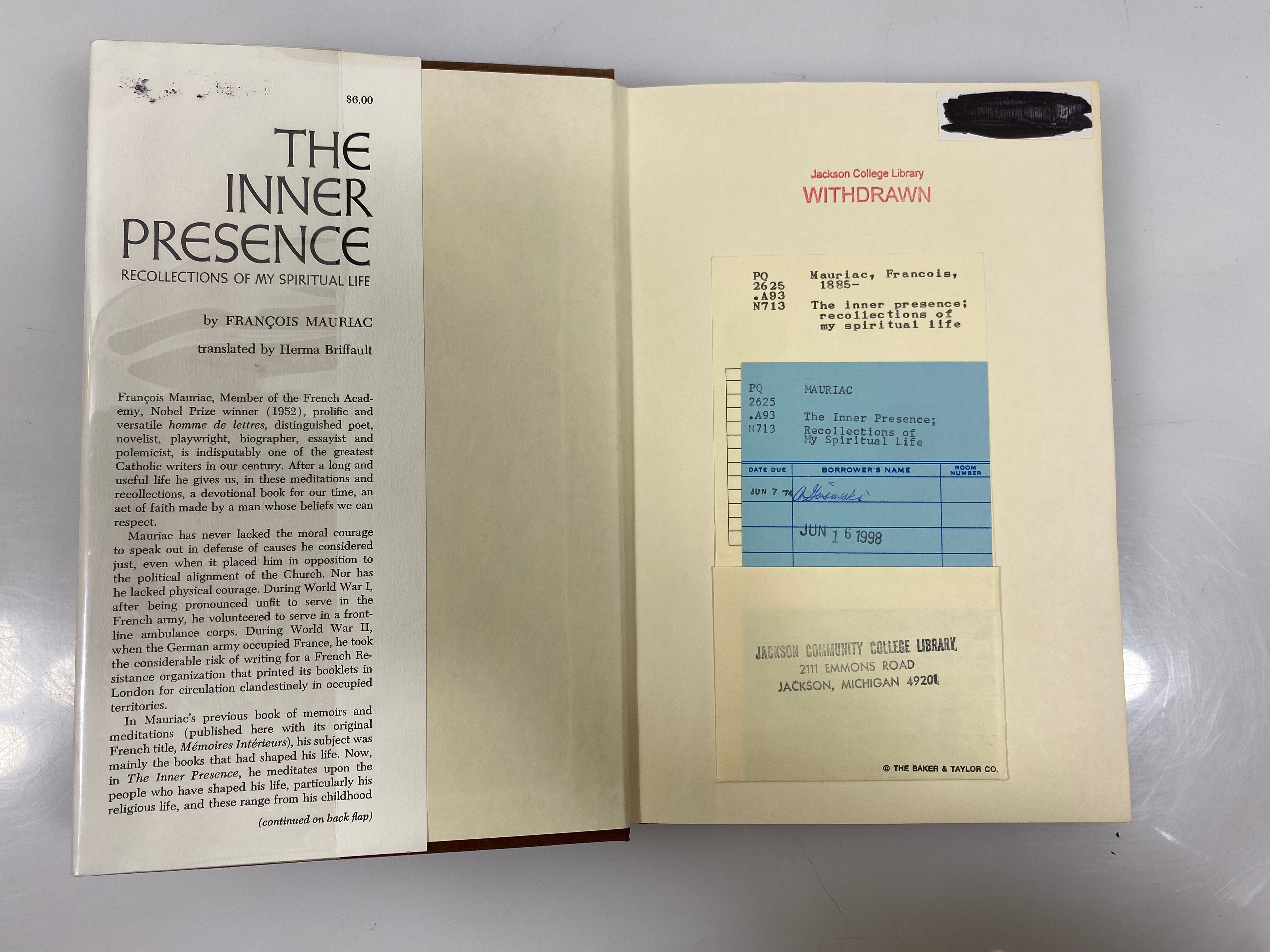 The Inner Presence My Spiritual Life by Francois Mauriac 1968 Ex-Library HCDJ
