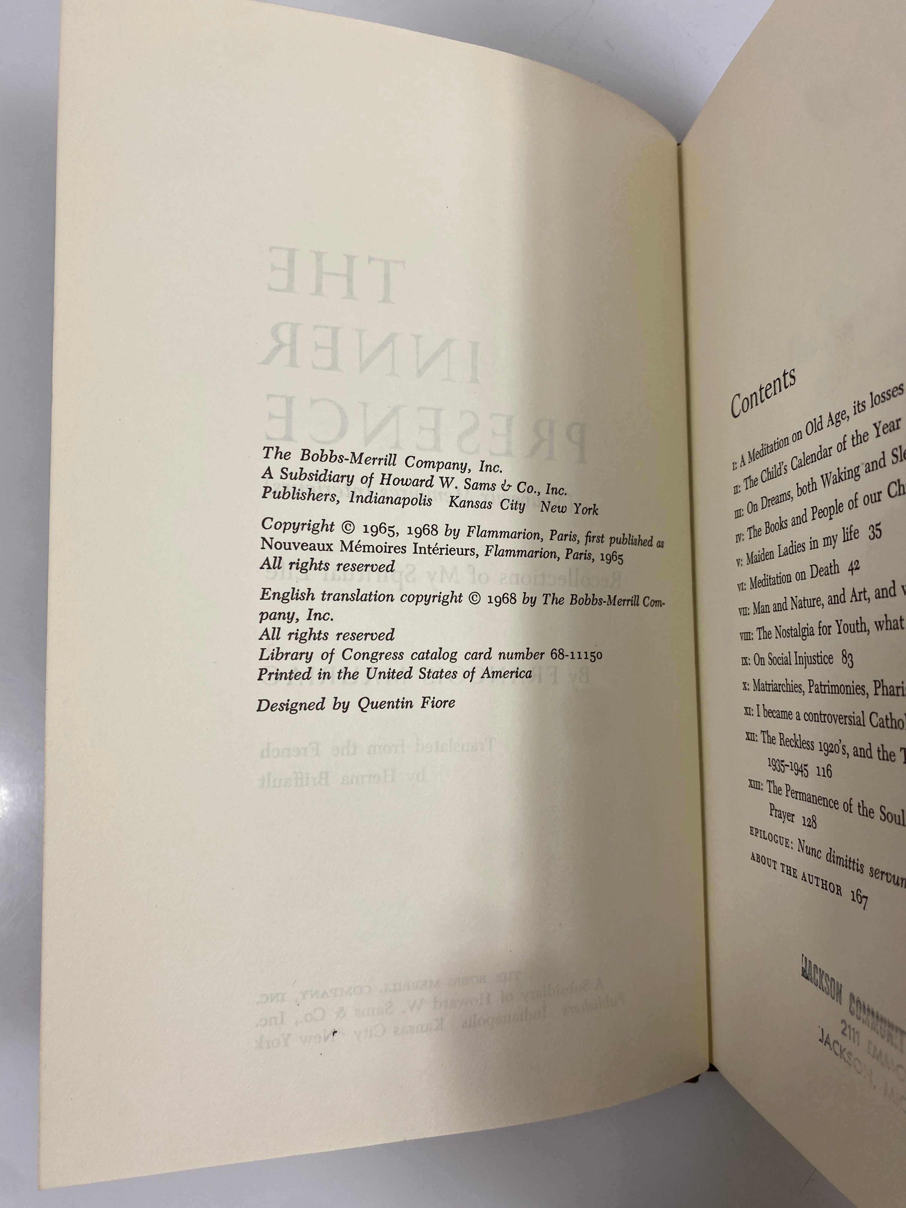 The Inner Presence My Spiritual Life by Francois Mauriac 1968 Ex-Library HCDJ