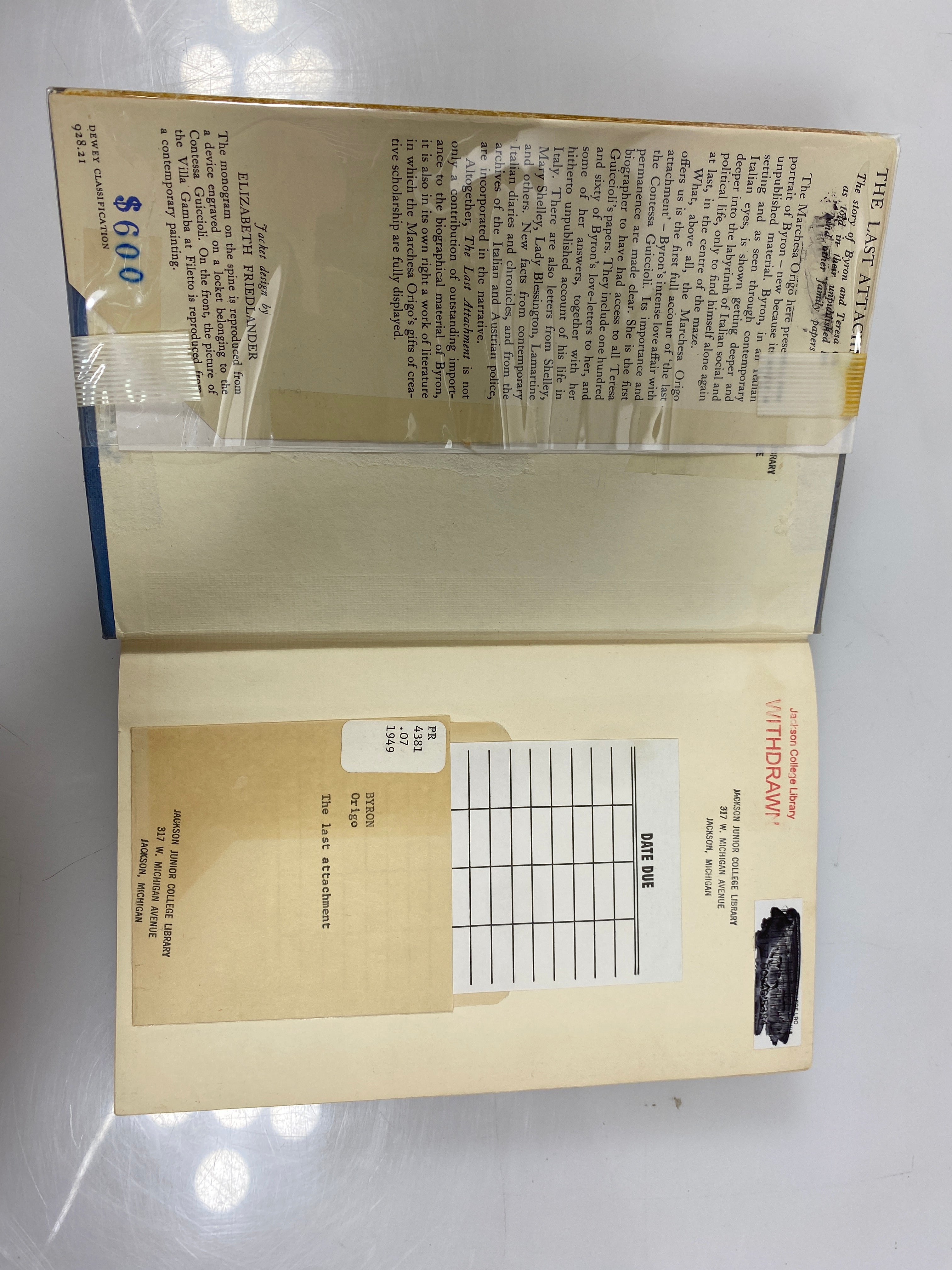 The Last Attachment by Iris Origo 1949 2nd Impression Ex-Library HCDJ