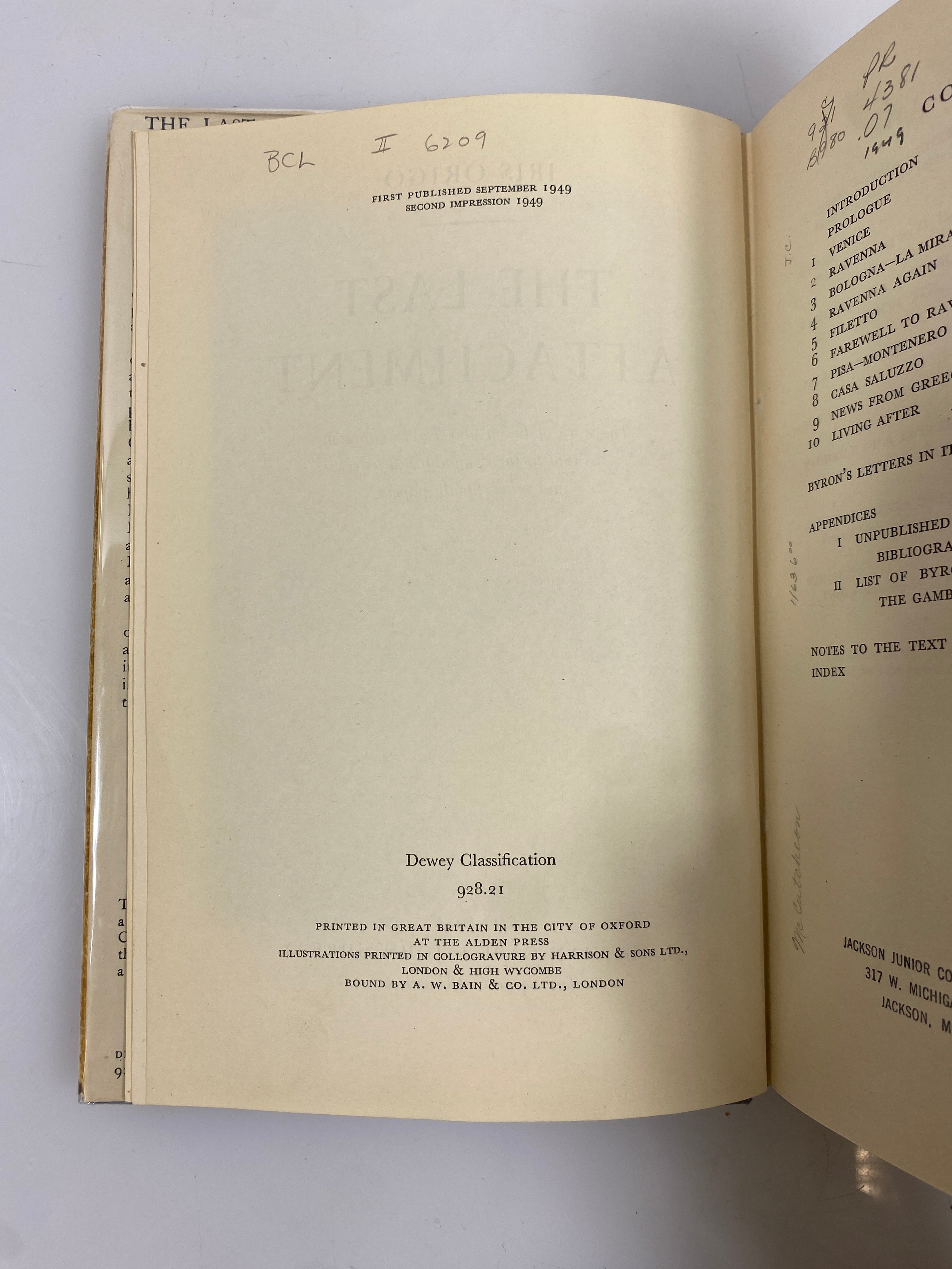 The Last Attachment by Iris Origo 1949 2nd Impression Ex-Library HCDJ