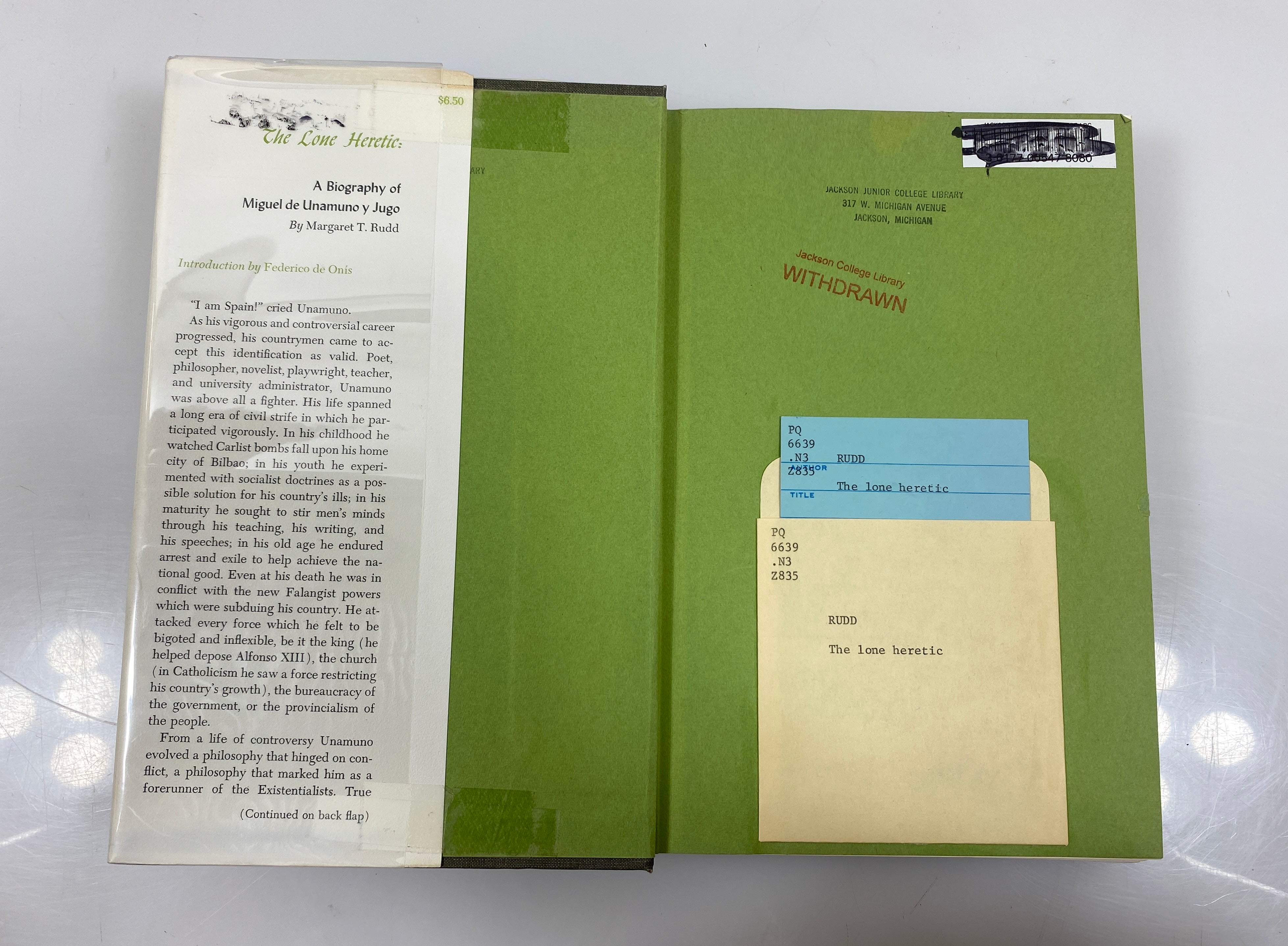 The Lone Heretic: Biography of Miguel de Unamuno y Jugo 1963 Ex-Library HCDJ