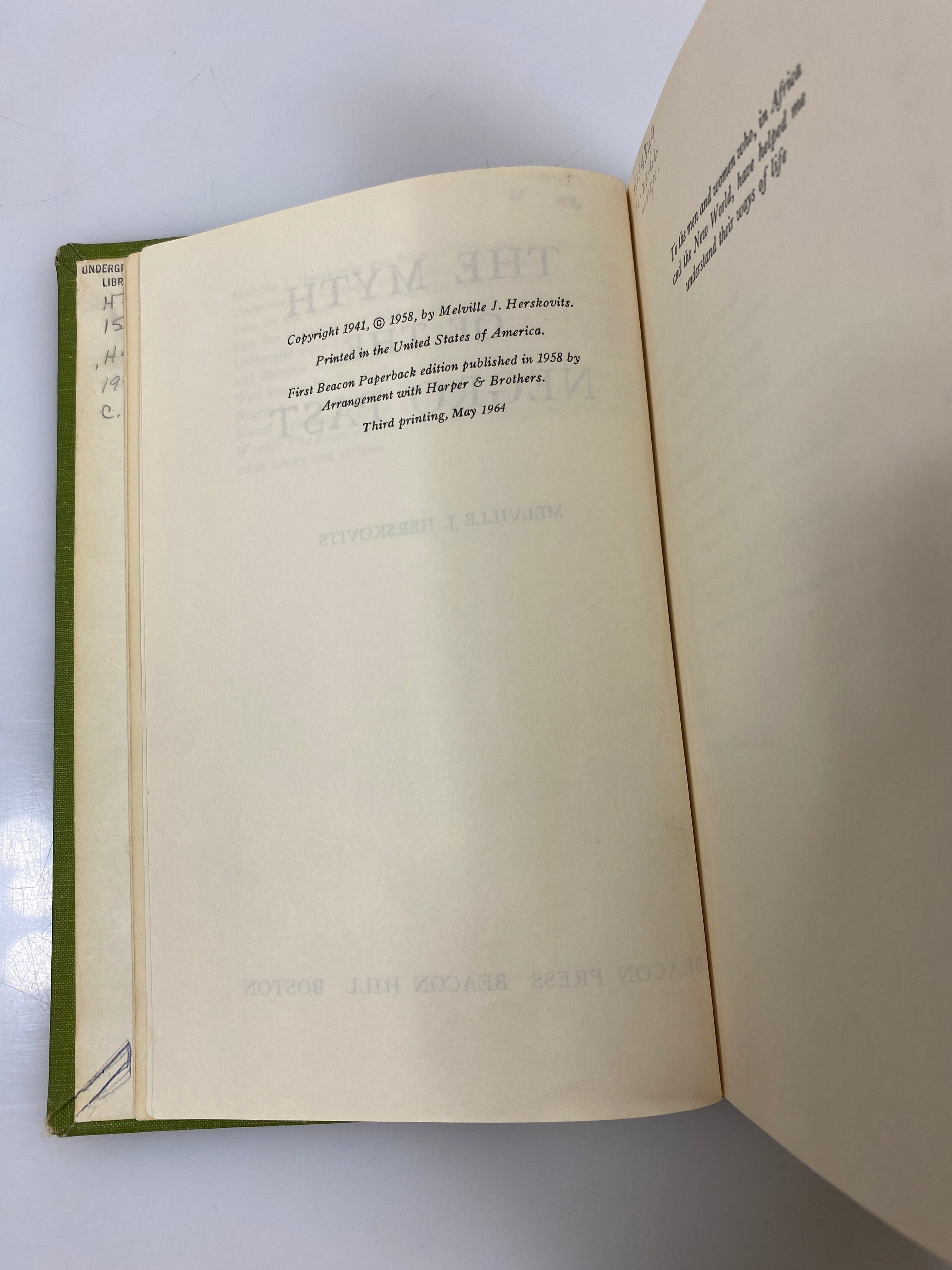 The Myth of the Negro Past by Herskovits Ex-library 1958 HC