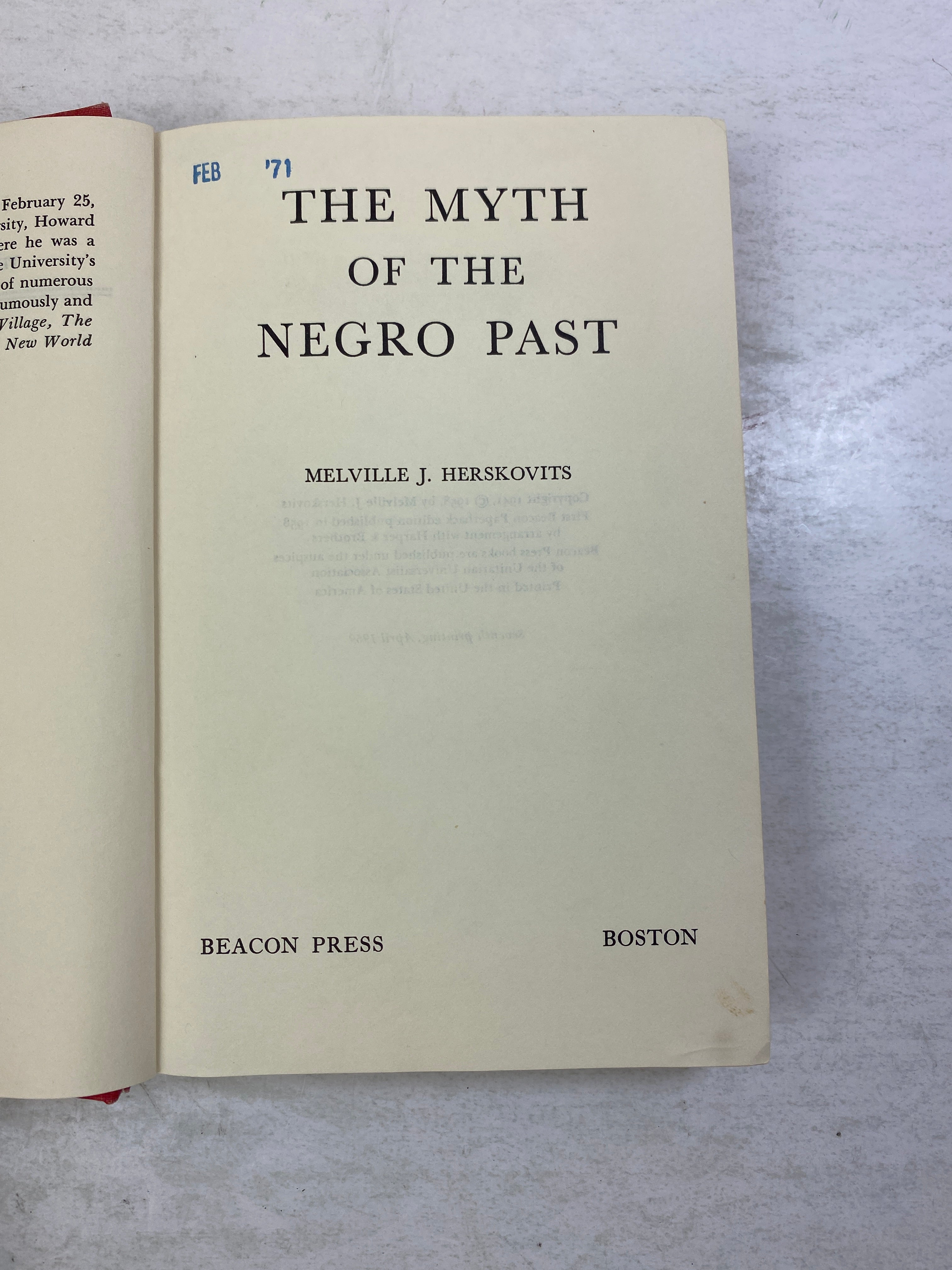 The Myth of the Negro Past Ex-library 1969 HC