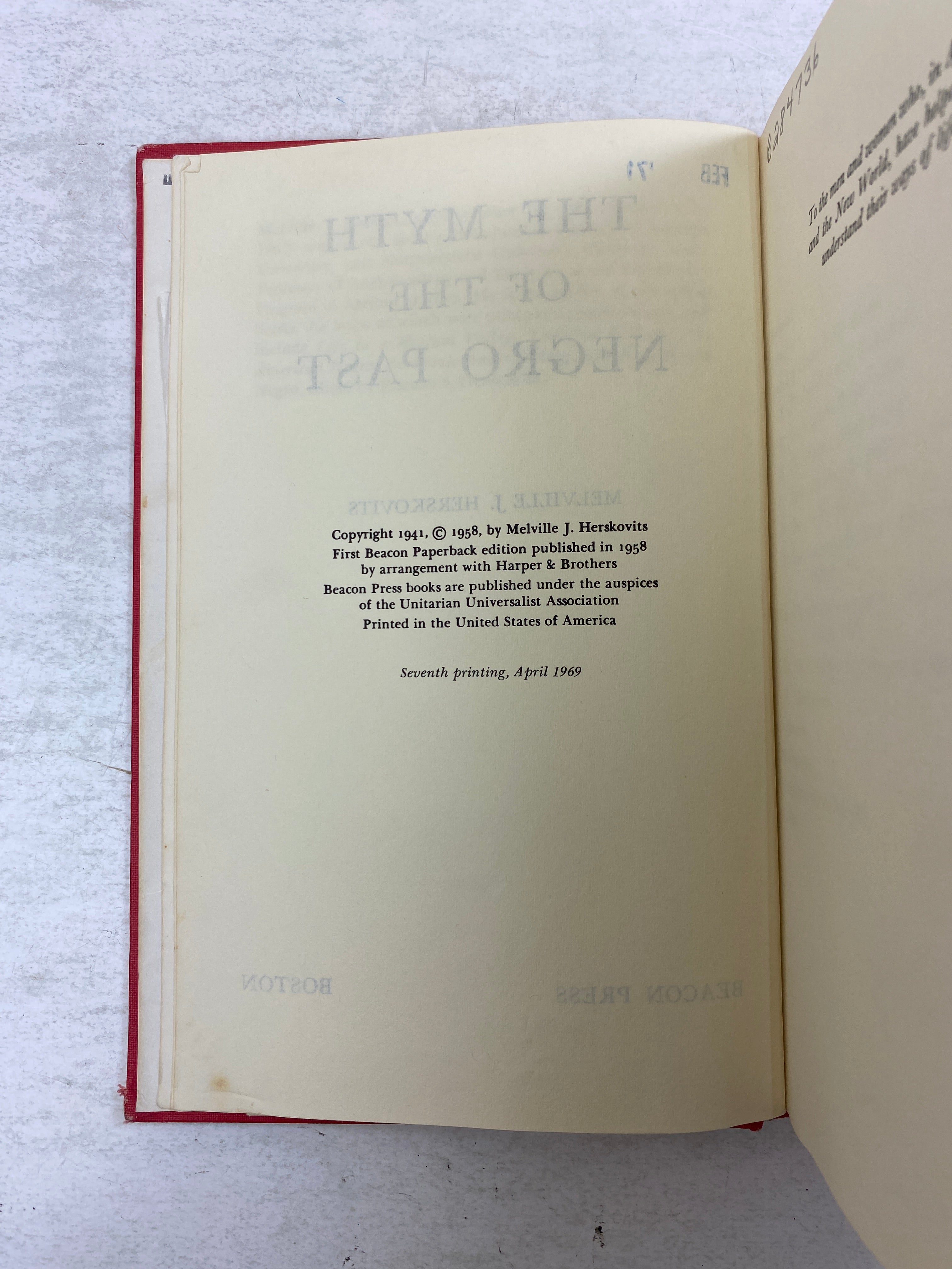 The Myth of the Negro Past Ex-library 1969 HC