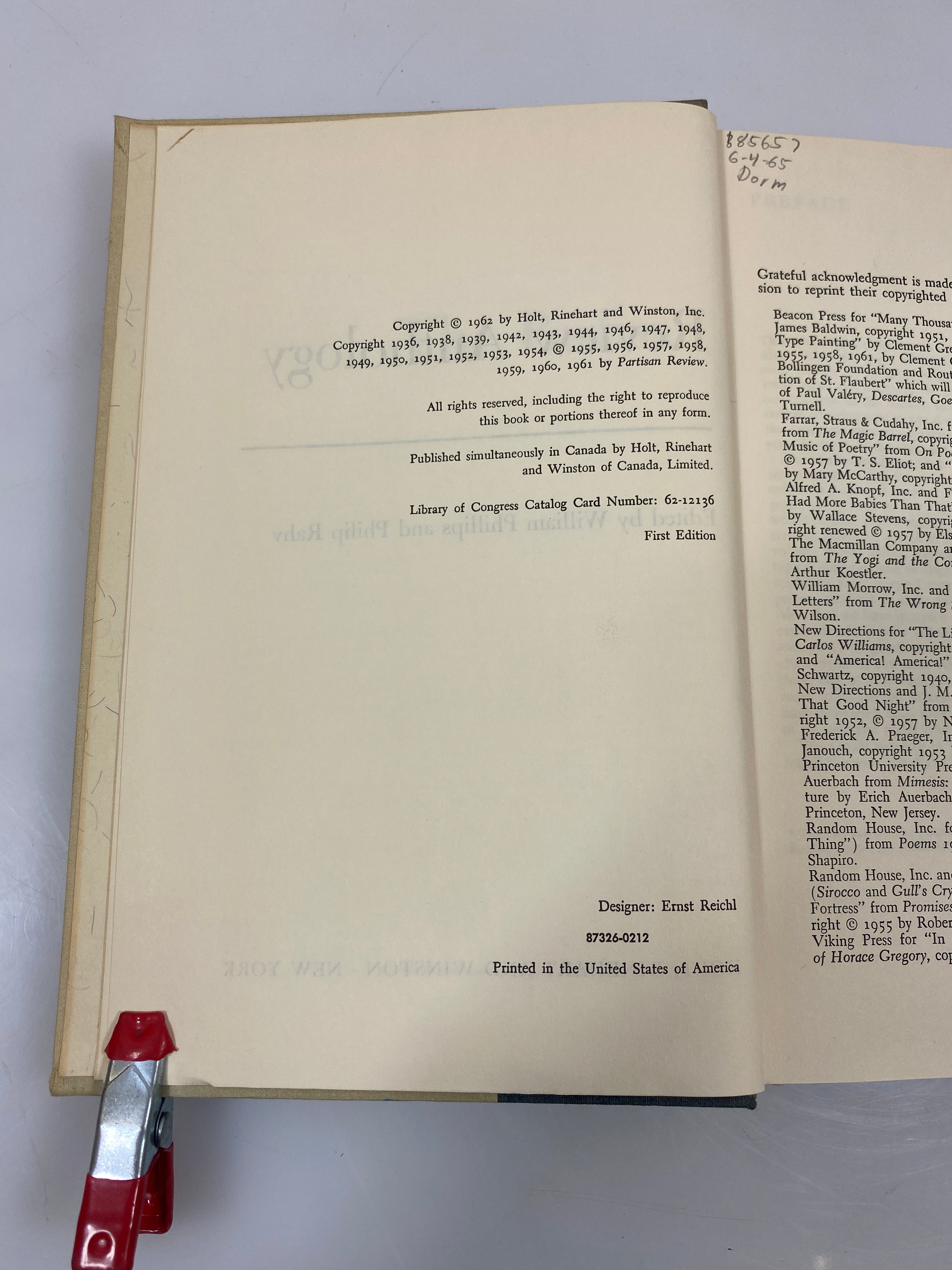 The Partisan Review Anthology Phillips/Rahv Ex-library 1962 HC