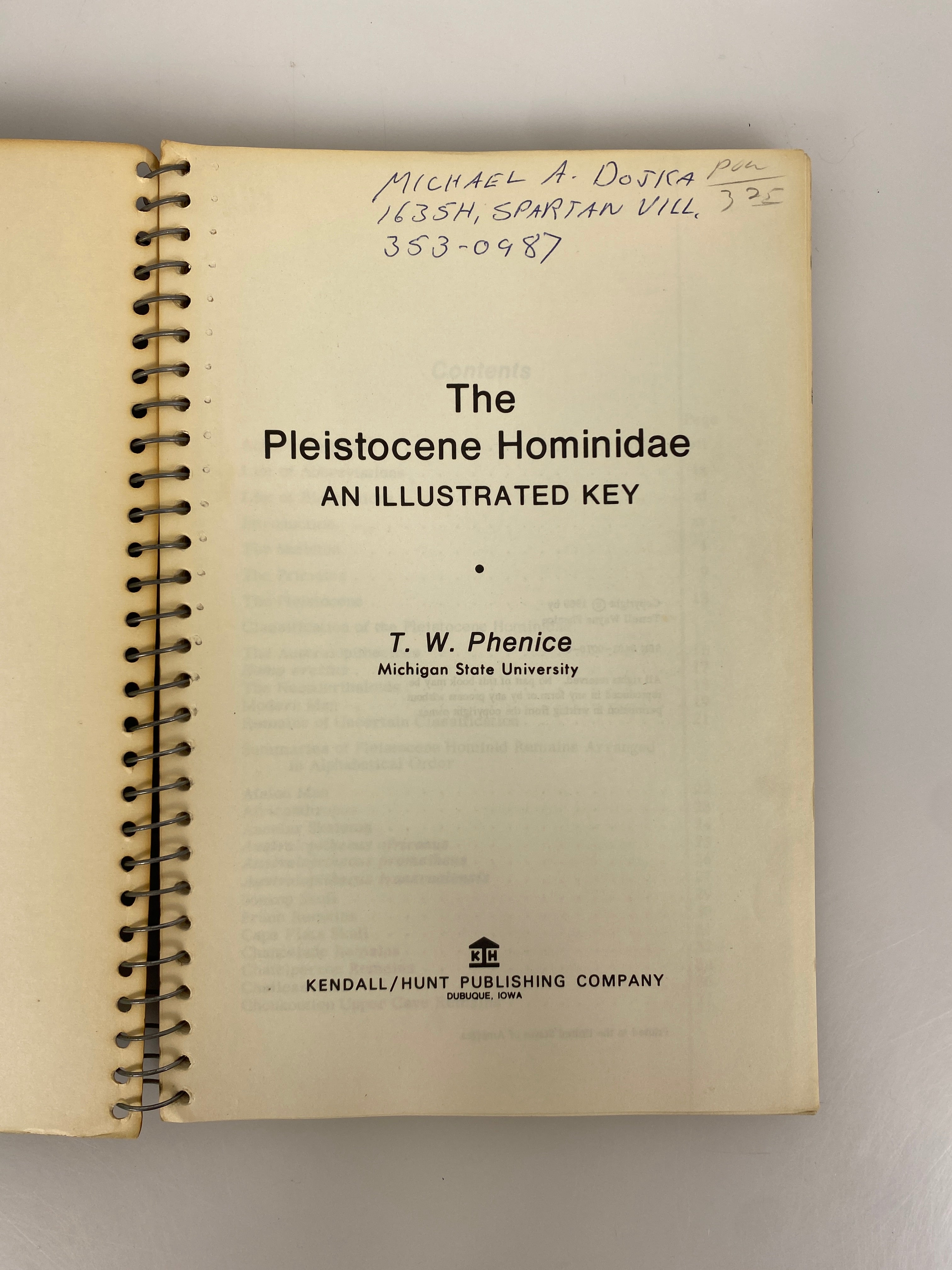 The Pleistocene Hominidae An Illustrated Key by Phenice 1969 Rare Spiral Bound