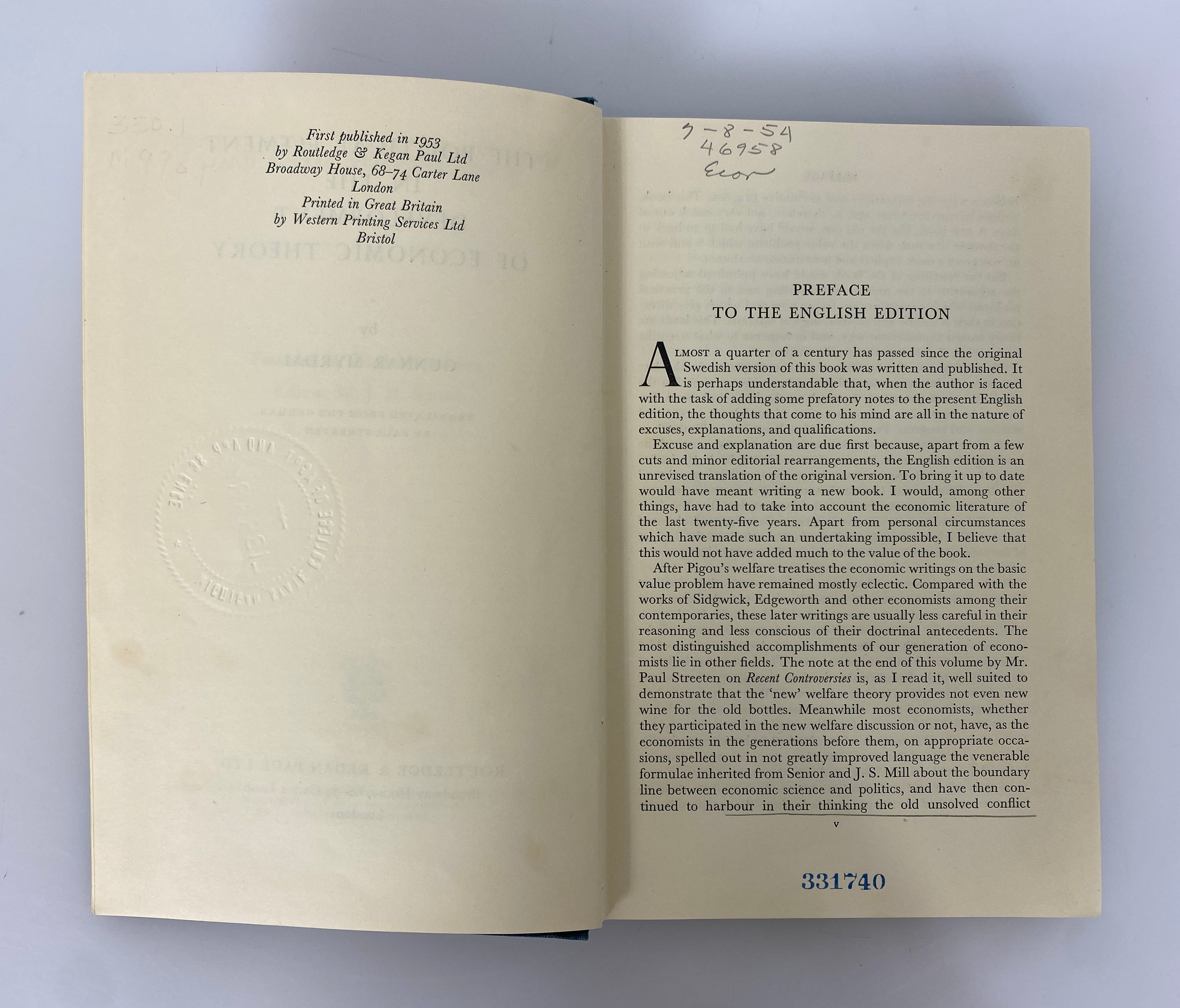 The Political Element in the Development of Economic Theory Myrdal Ex-Library HC