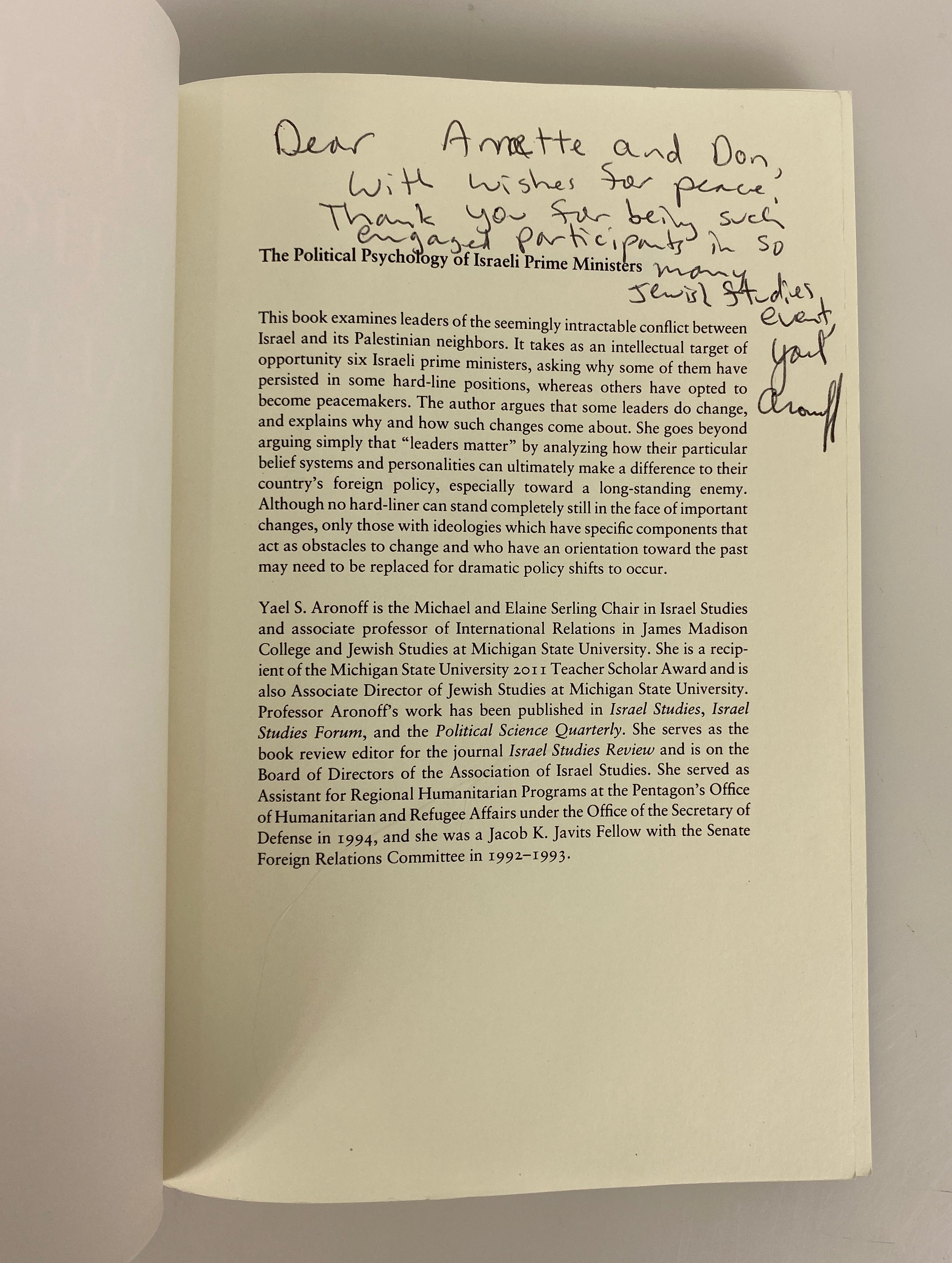 The Political Psychology of Israeli Prime Ministers Yael Aronoff Signed 2014 SC