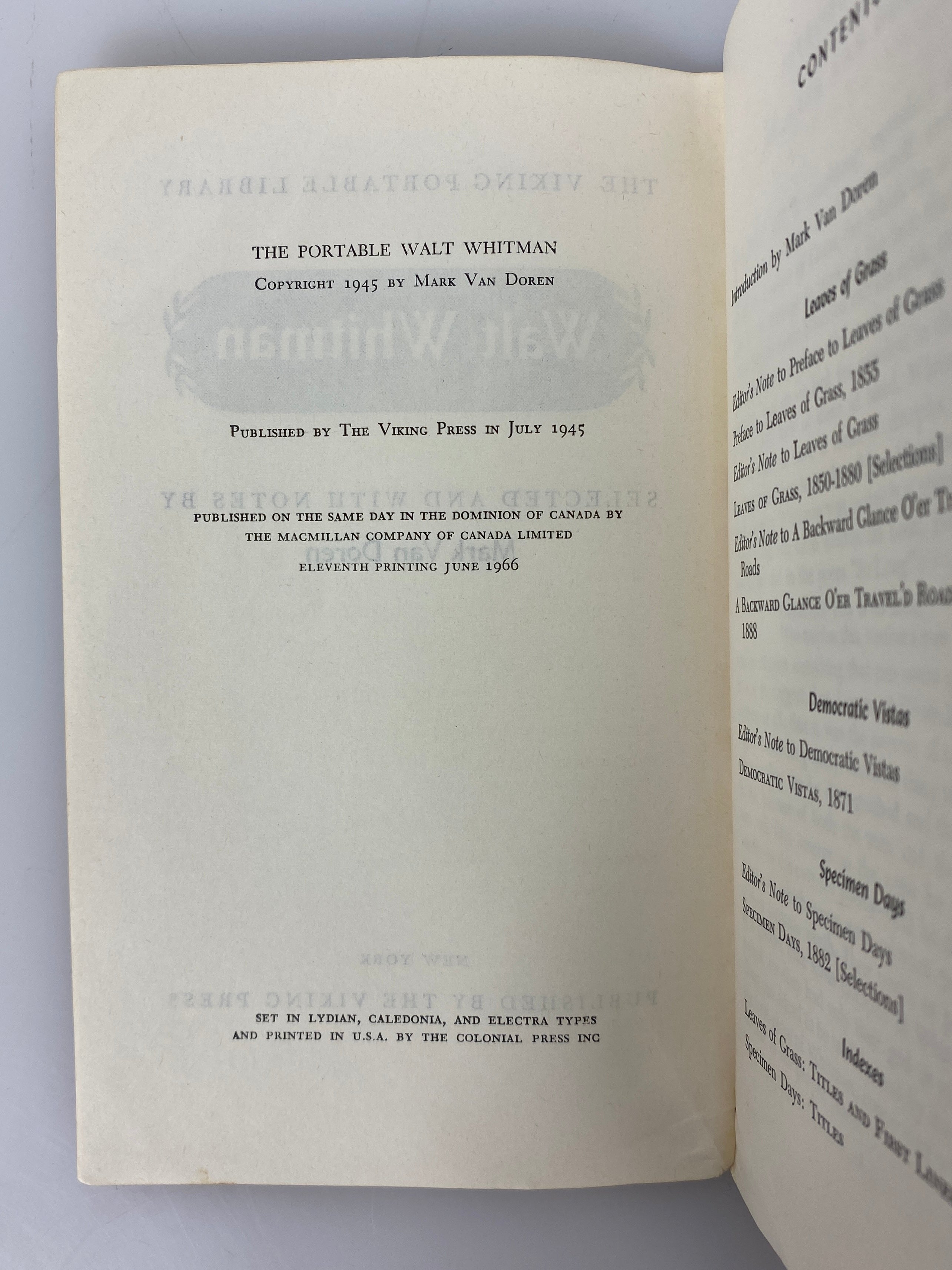 The Portable Walt Whitman by Van Doren 1966 11th Printing Vintage SC