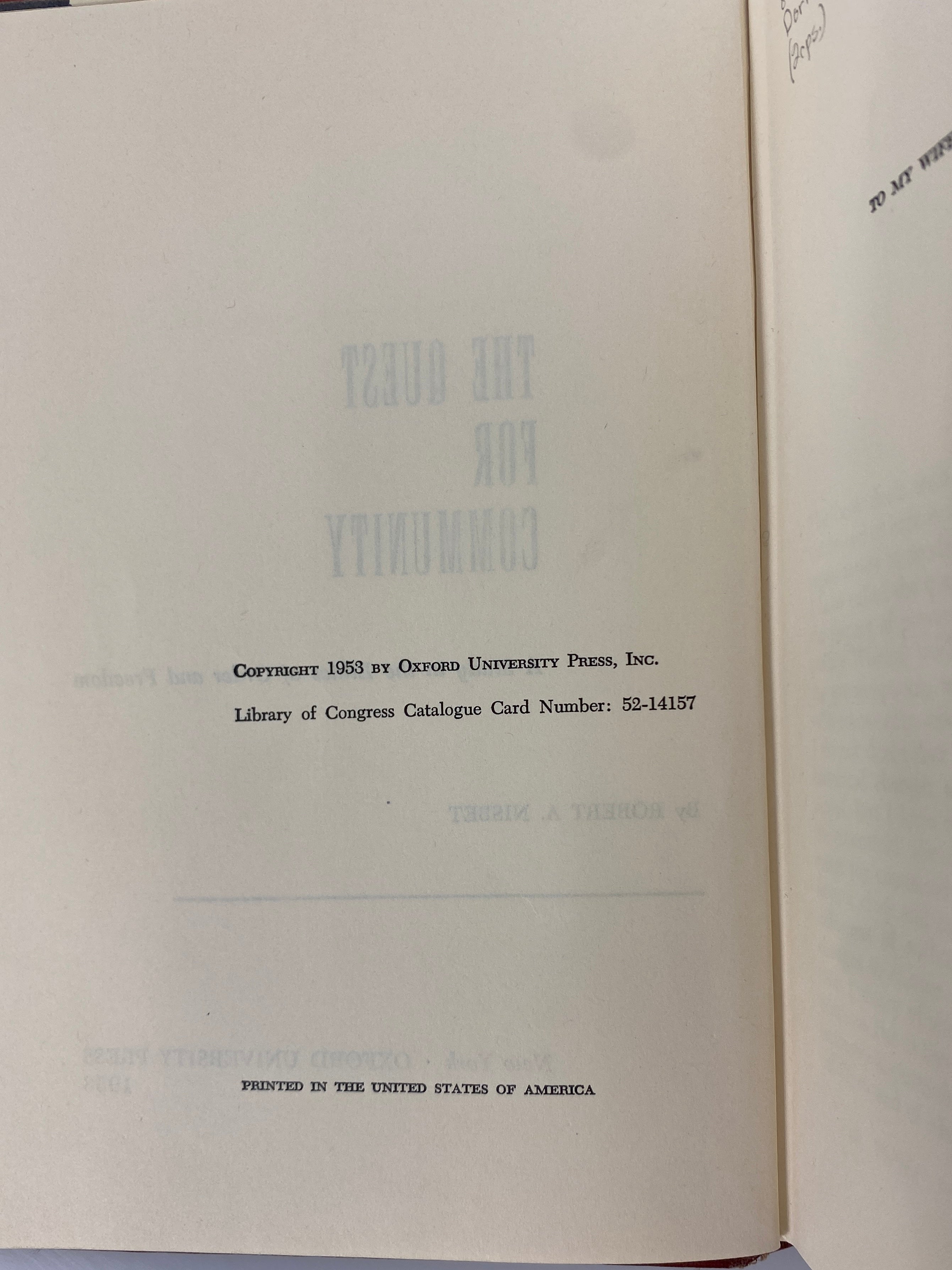 The Quest for Community Ethics of Order & Freedom by Nisbet 1953 Ex-Library HC