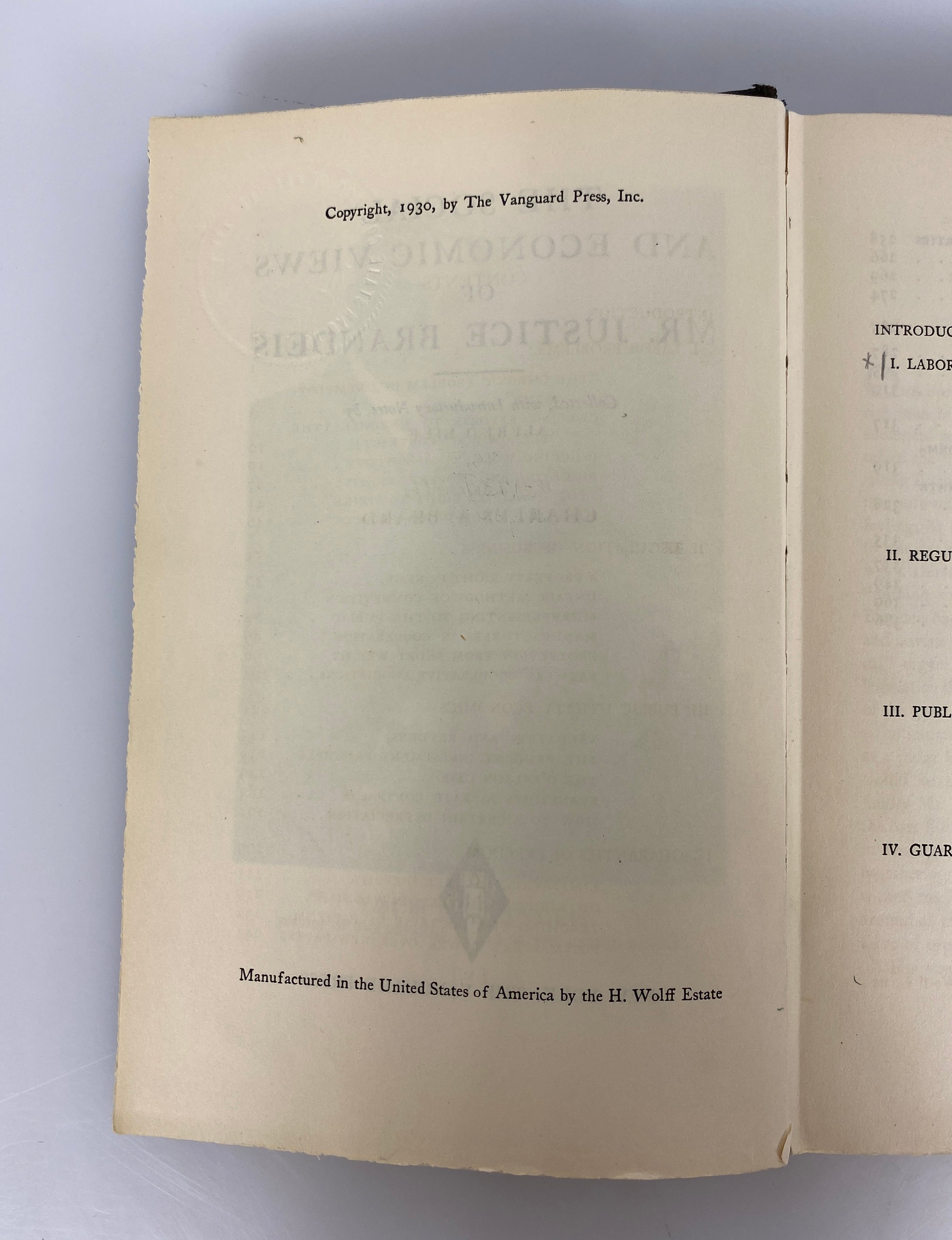 The Social & Economic Views of Mr. Justice Brandeis 1930 Ex-Library HC
