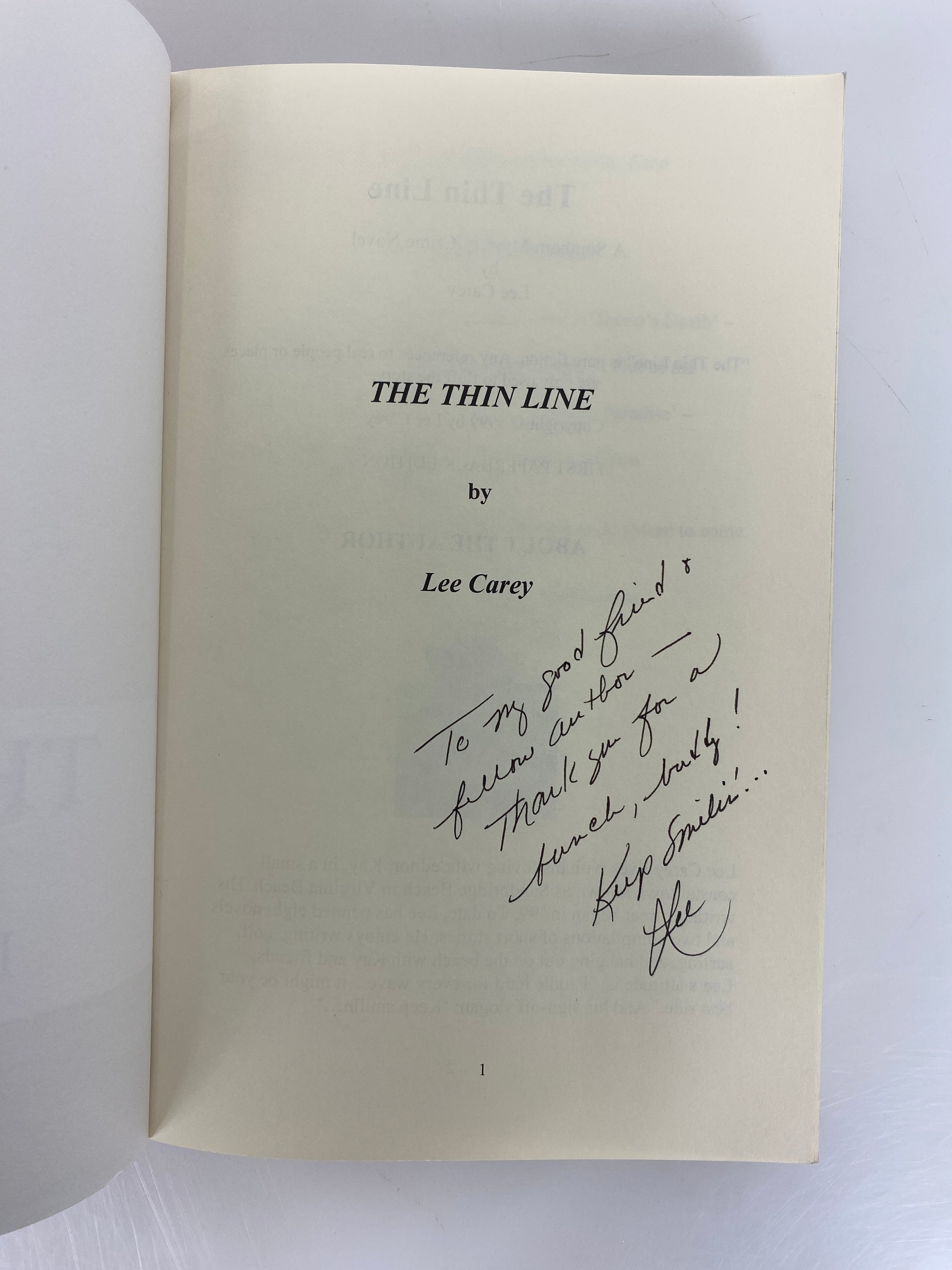 The Thin Line by Lee Carey 1999 1st PB Edition Inscribed by Author