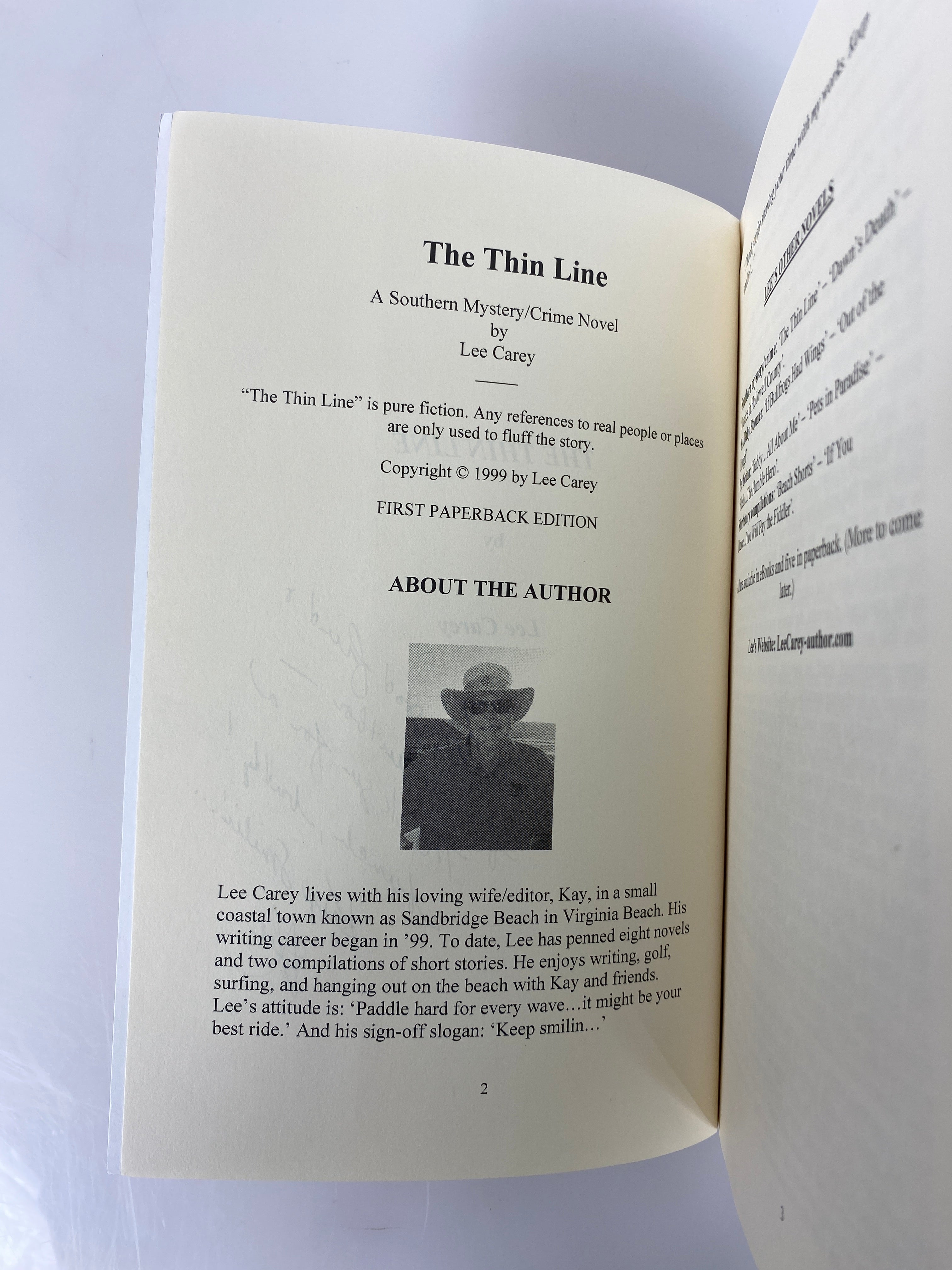The Thin Line by Lee Carey 1999 1st PB Edition Inscribed by Author