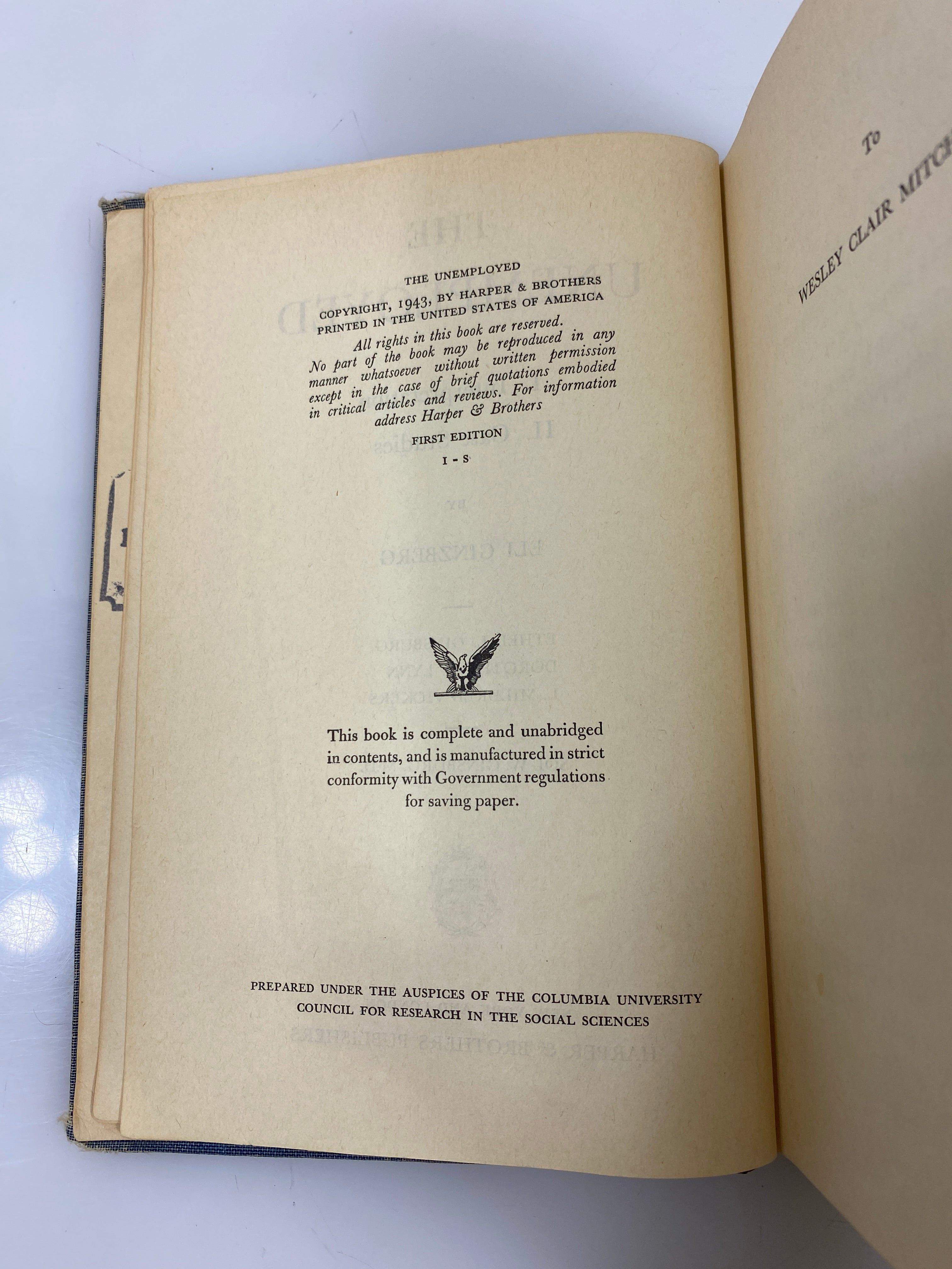 The Unemployed by Eli Ginzberg Ex-library 1st Ed. 1943 HC