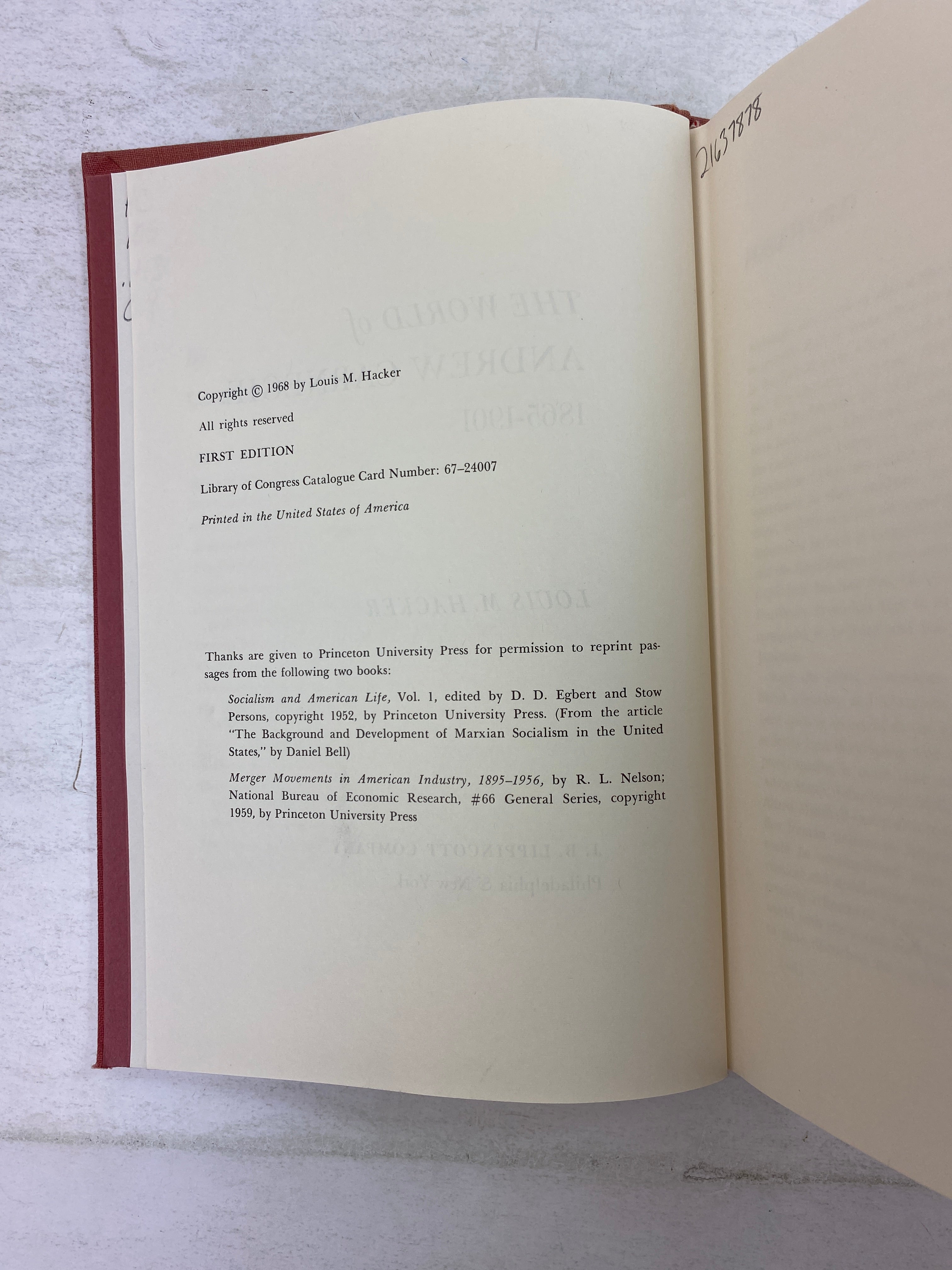 The World of Andrew Carnegie: 1865-1901 by Hacker Ex-library 1968 HC