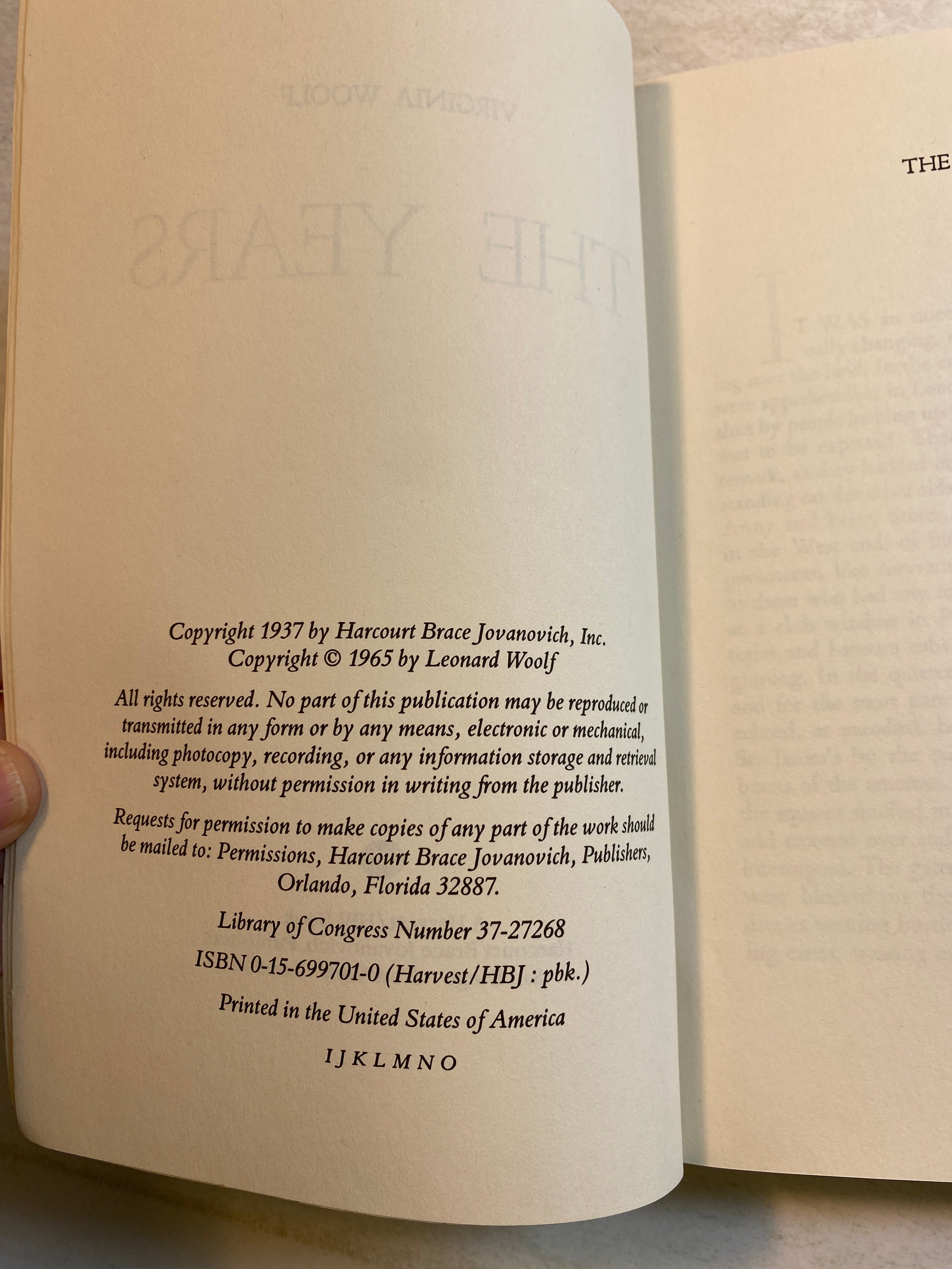 The Years by Virginia Woolf Harvest Books SC 1965