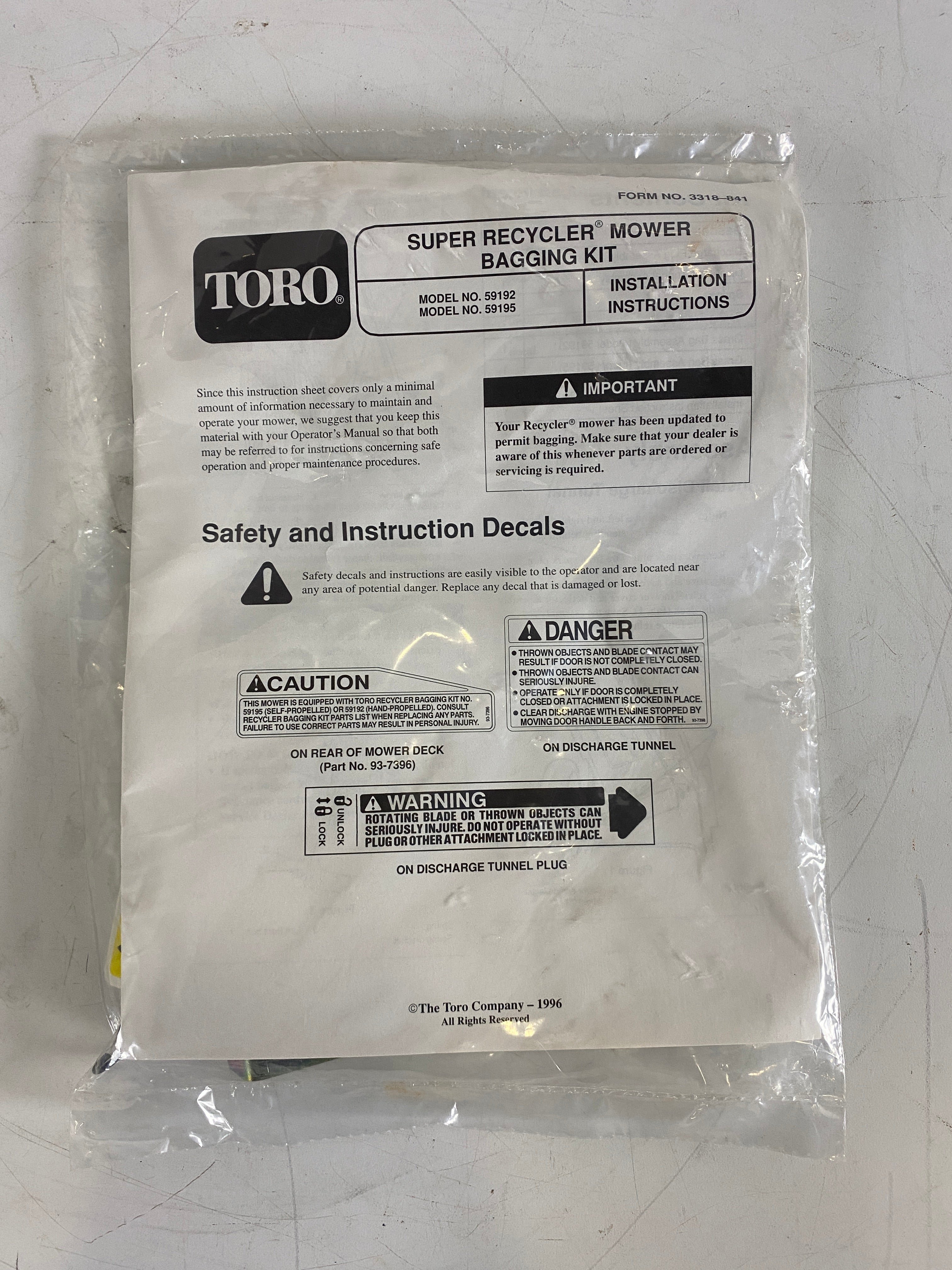 Toro Super Recycler Mower Bagging Kit 59192 & 59195