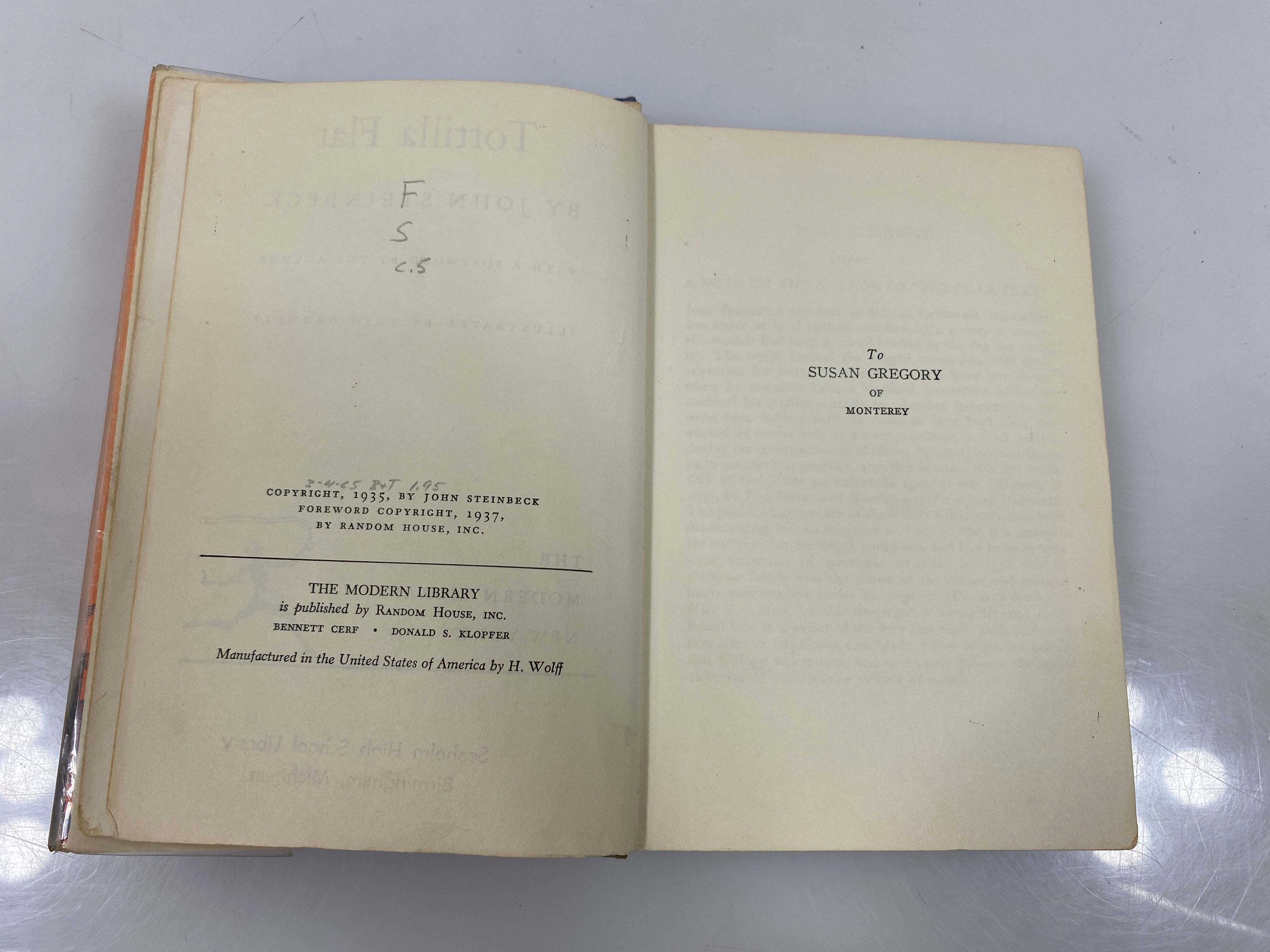 Tortilla Flat by John Steinbeck Modern Library Ex-library 1937 HCDJ