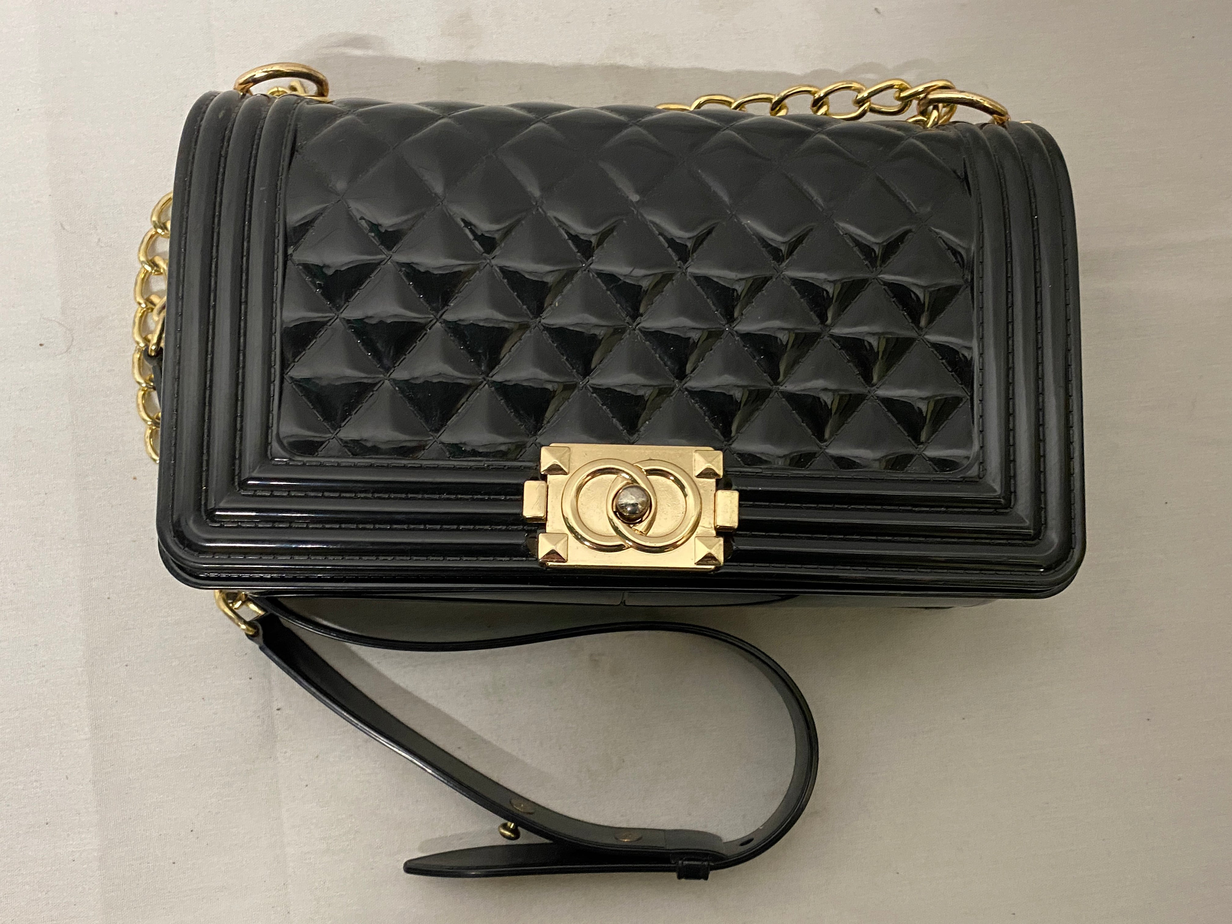Toyboy Jelly Black Quilted Crossbody Bag w/ Gold Hardware
