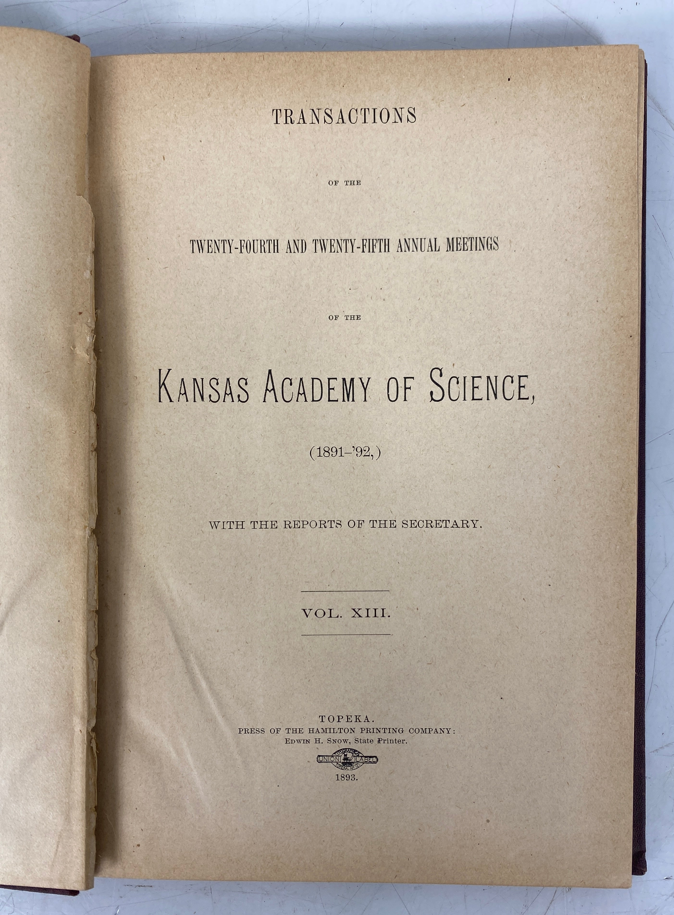 Transactions Kansas Academy of Science XIII 1893 Antique HC