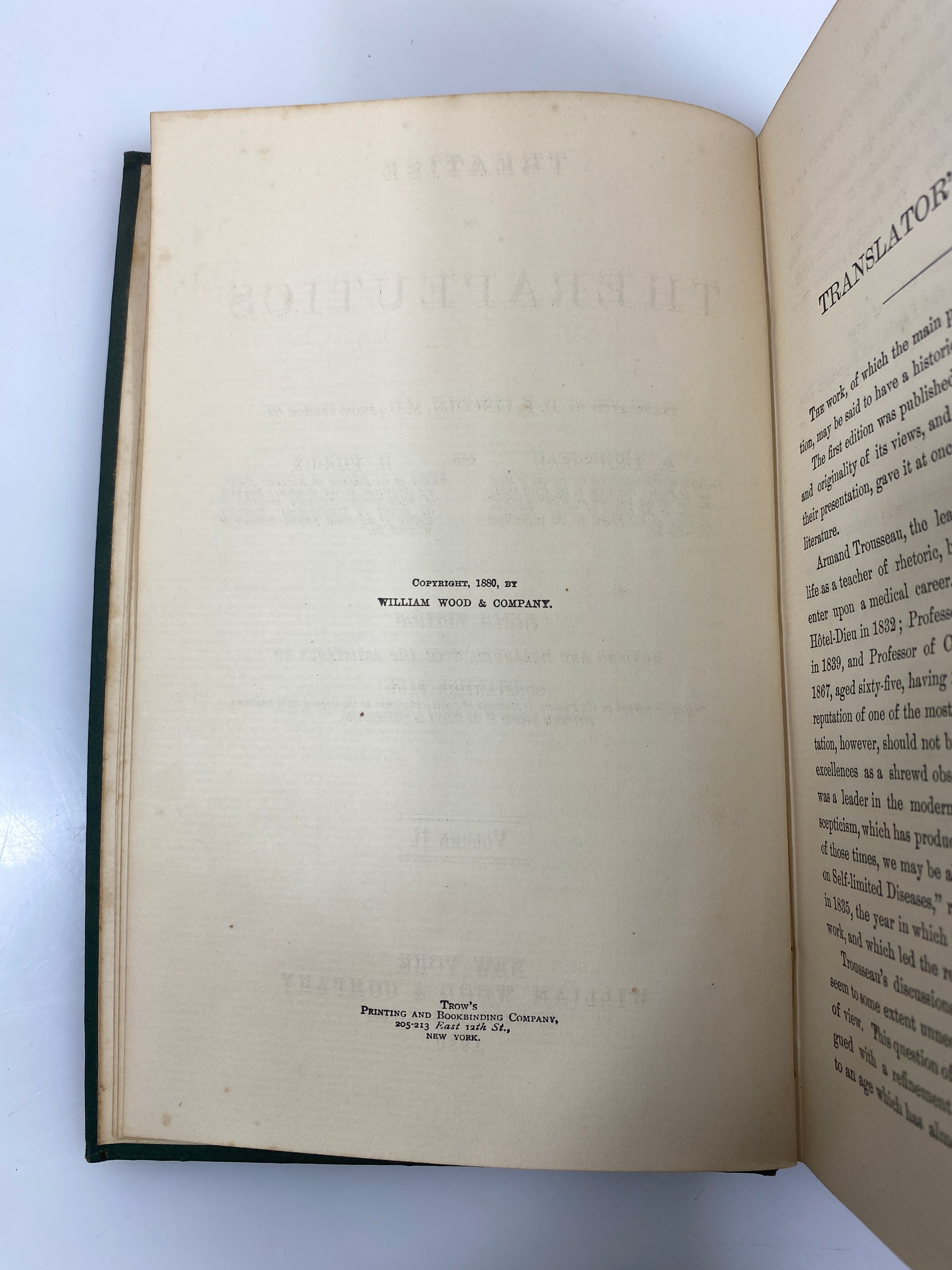 Treaties on Therapeutics by Trousseau/Pidoux Vol. II 1880 9th Ed. HC