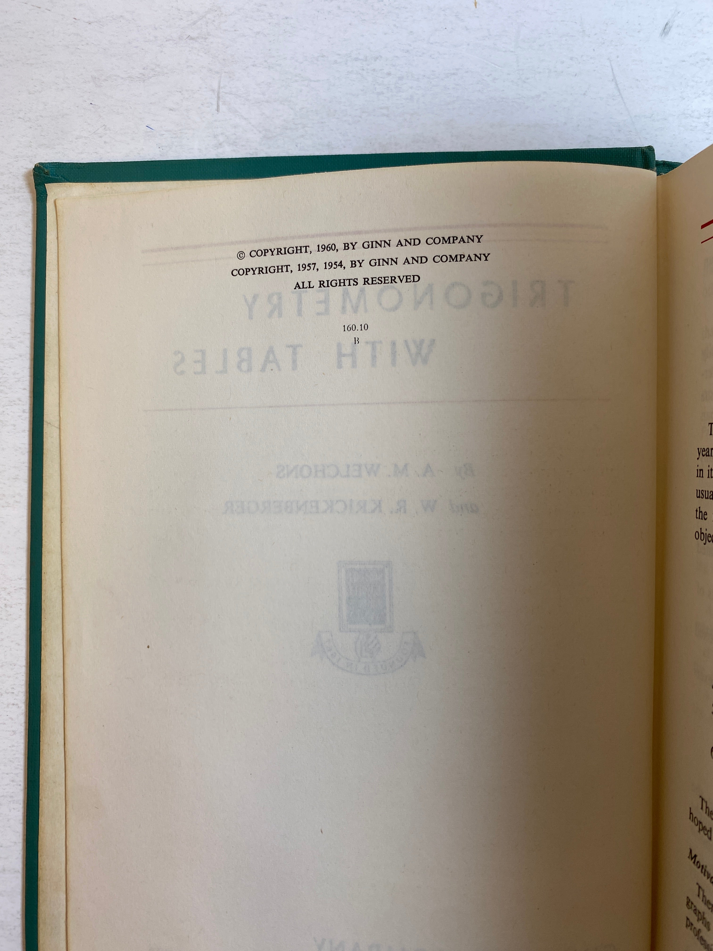 Trigonometry With Tables by Welchons/Krickenberger 1960 Vintage HC Textbook