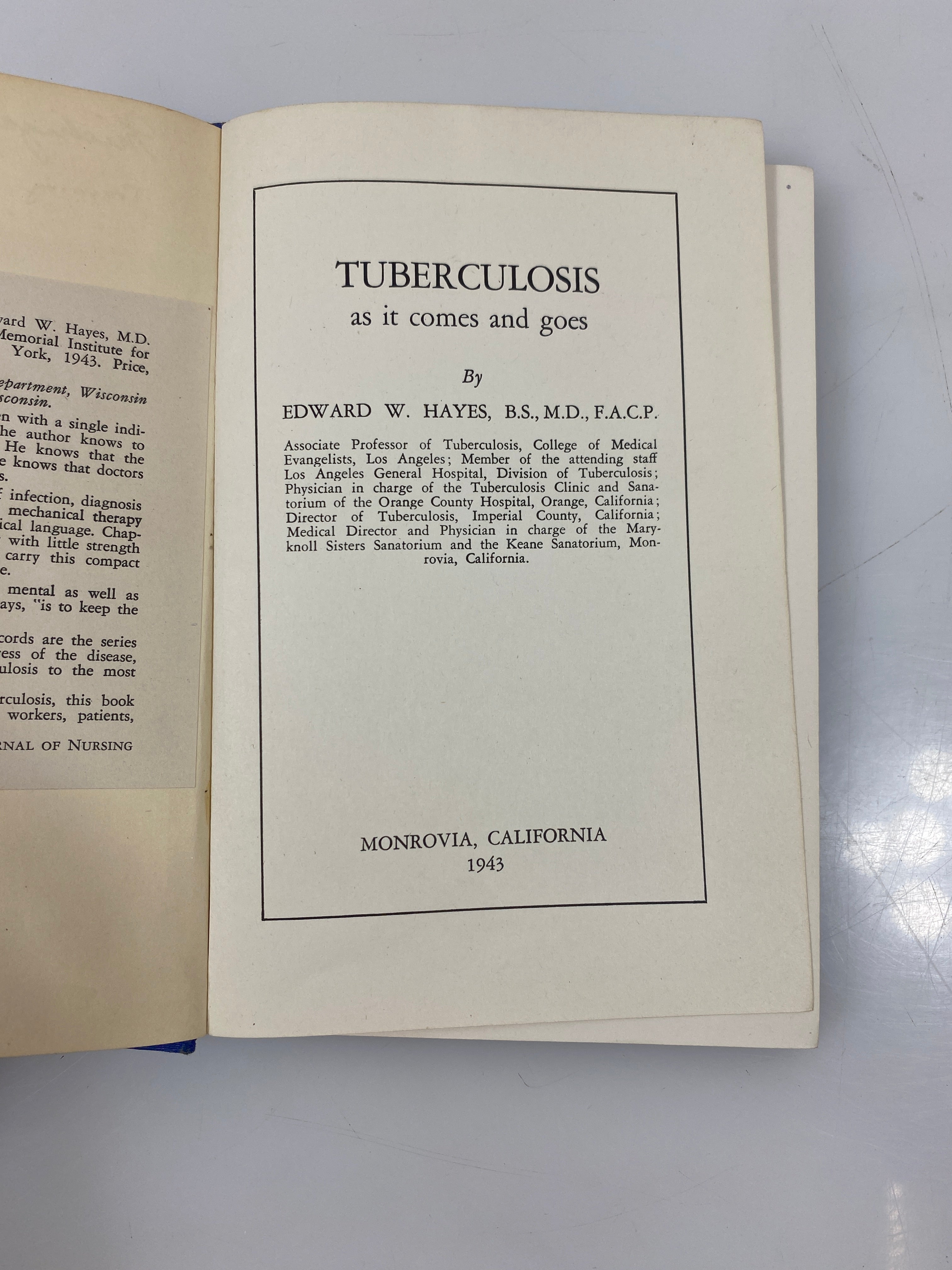 Tuberculosis as it Comes and Goes by Hayes Ex-Library 1943 HC