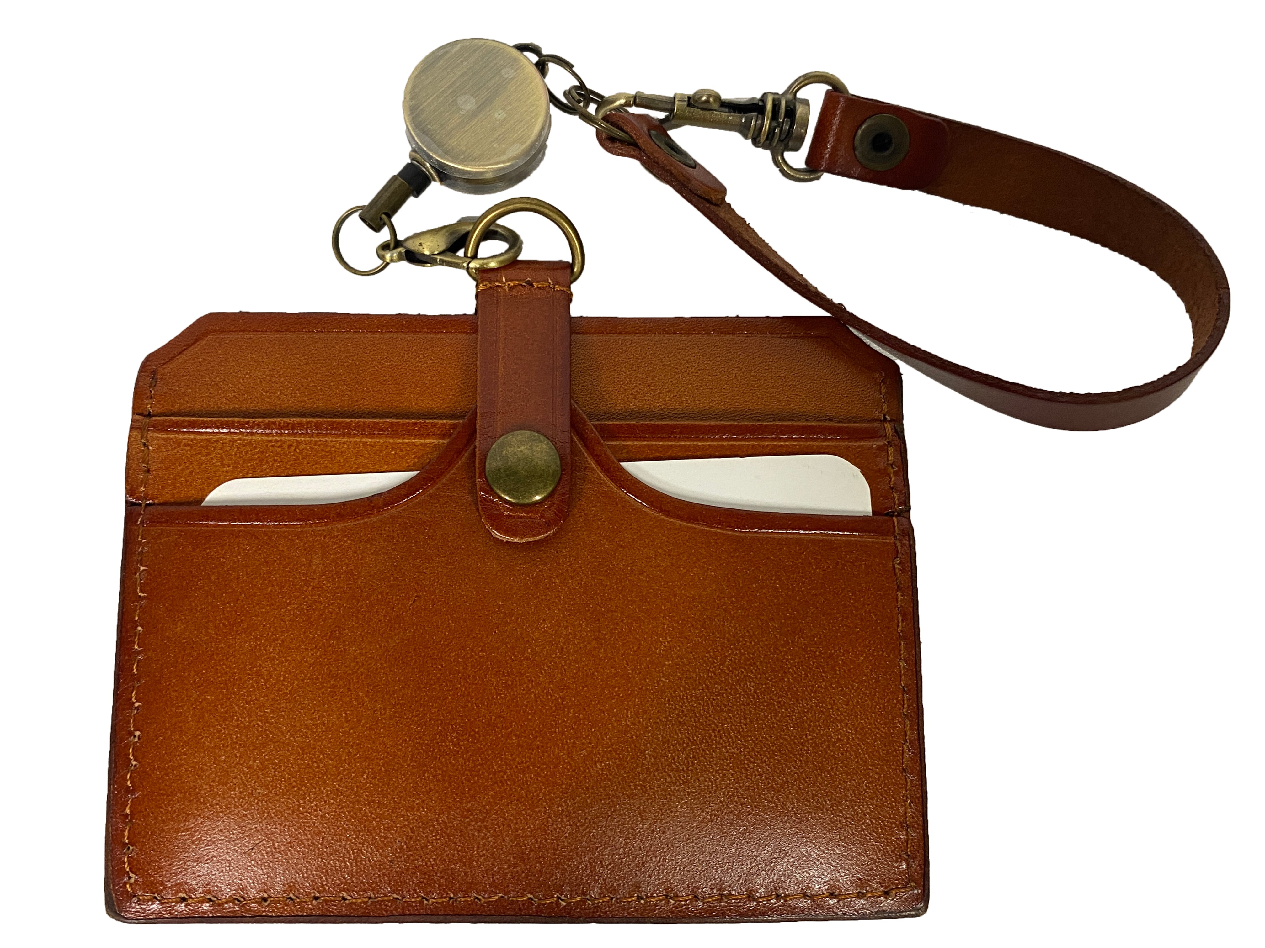 Vegetable Tanned Leather ID Badge Holder Featuring a Retractable Reel and Matching Leather Strap