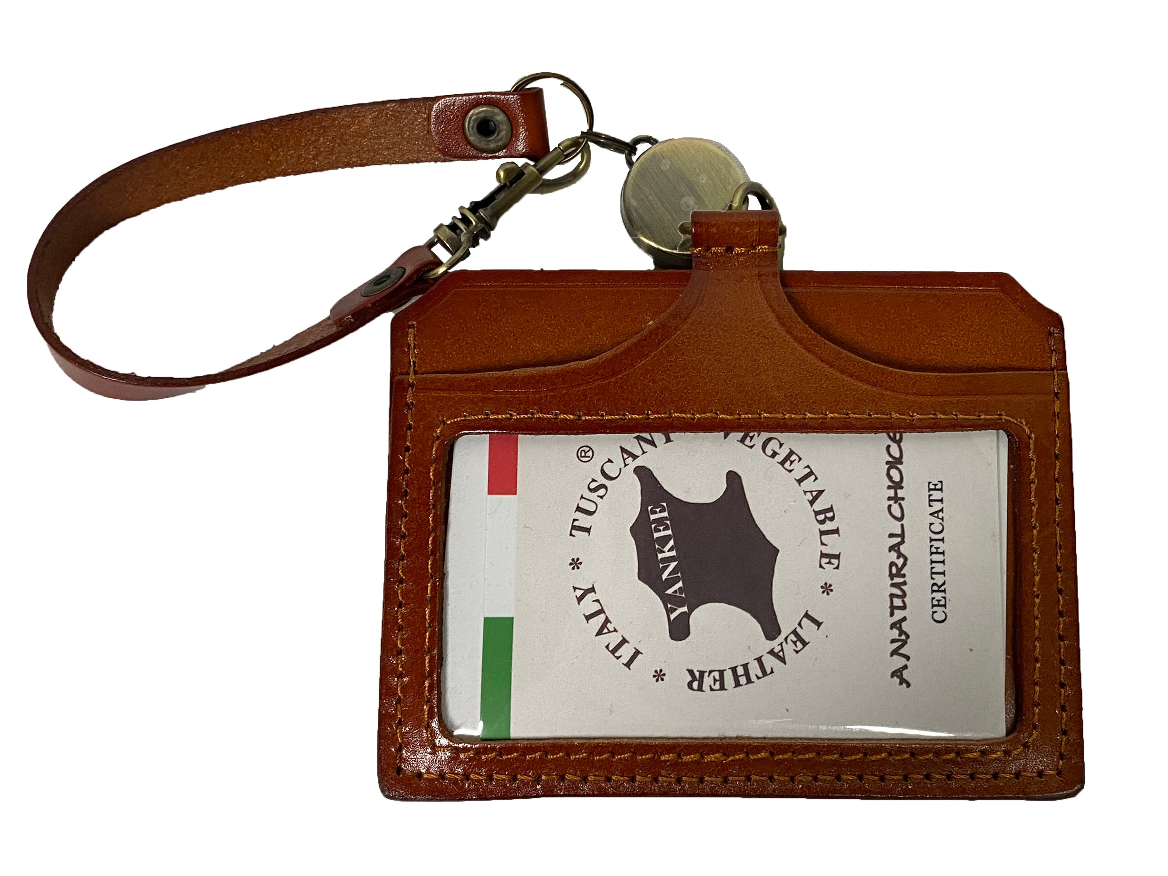 Vegetable Tanned Leather ID Badge Holder Featuring a Retractable Reel and Matching Leather Strap