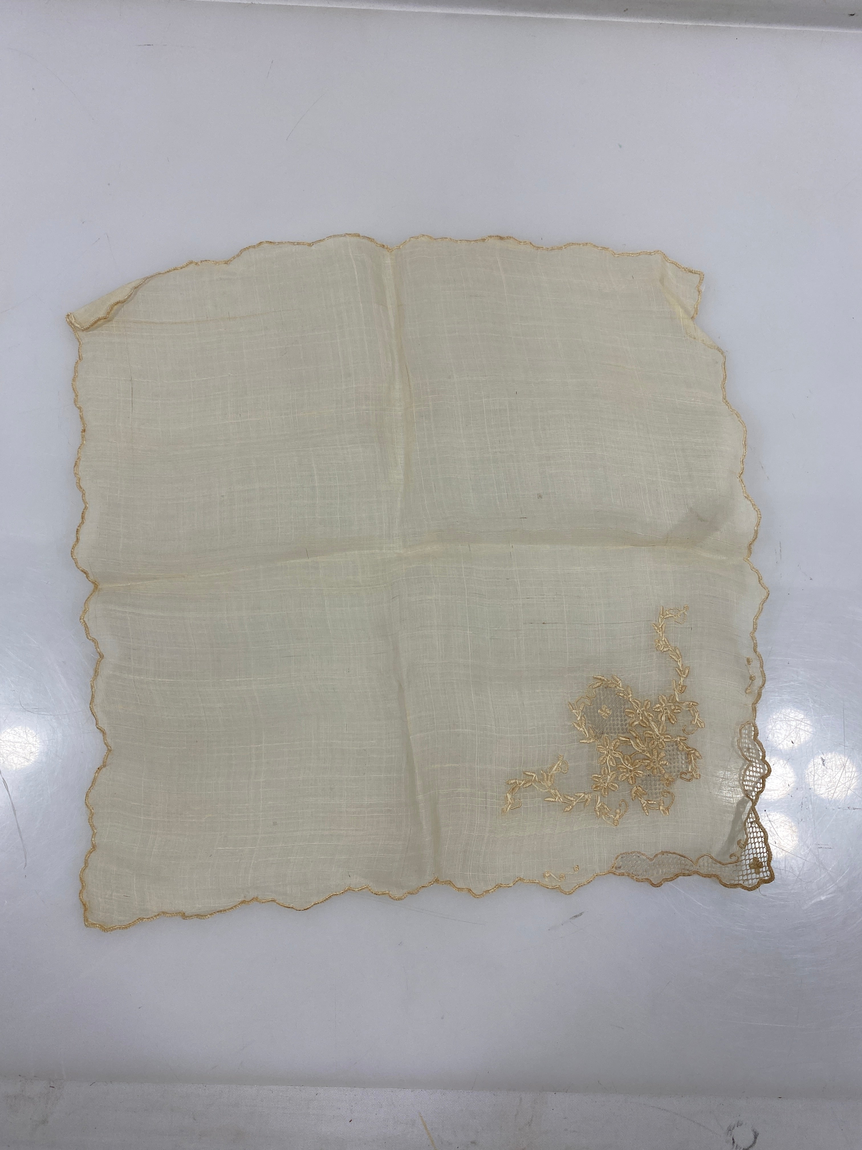 Vintage 1890s Tan Sheer Linen Handkerchief with Intricate Lace Details