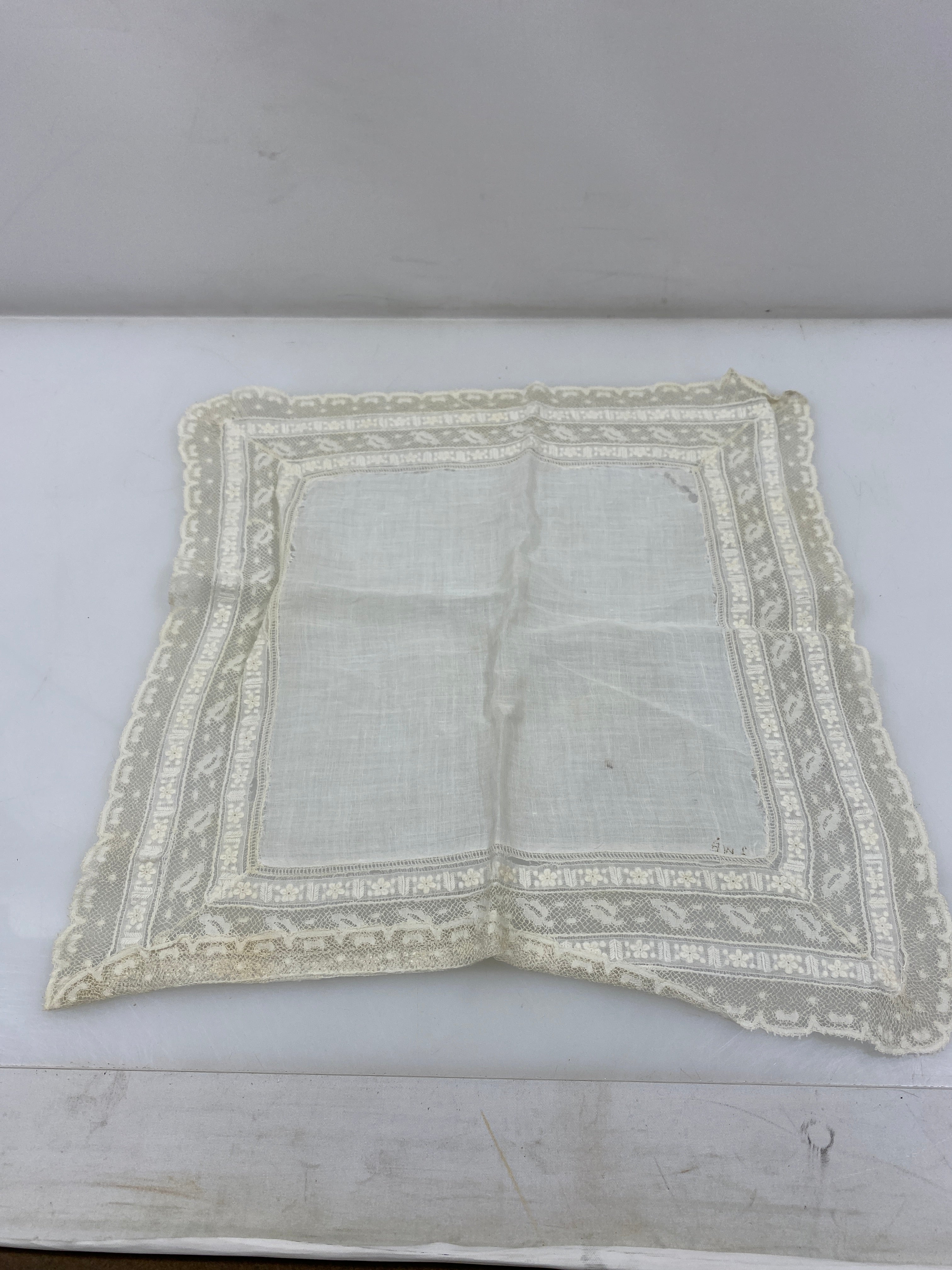 Vintage 1890s White Linen Handkerchief with Intricate Lace Details