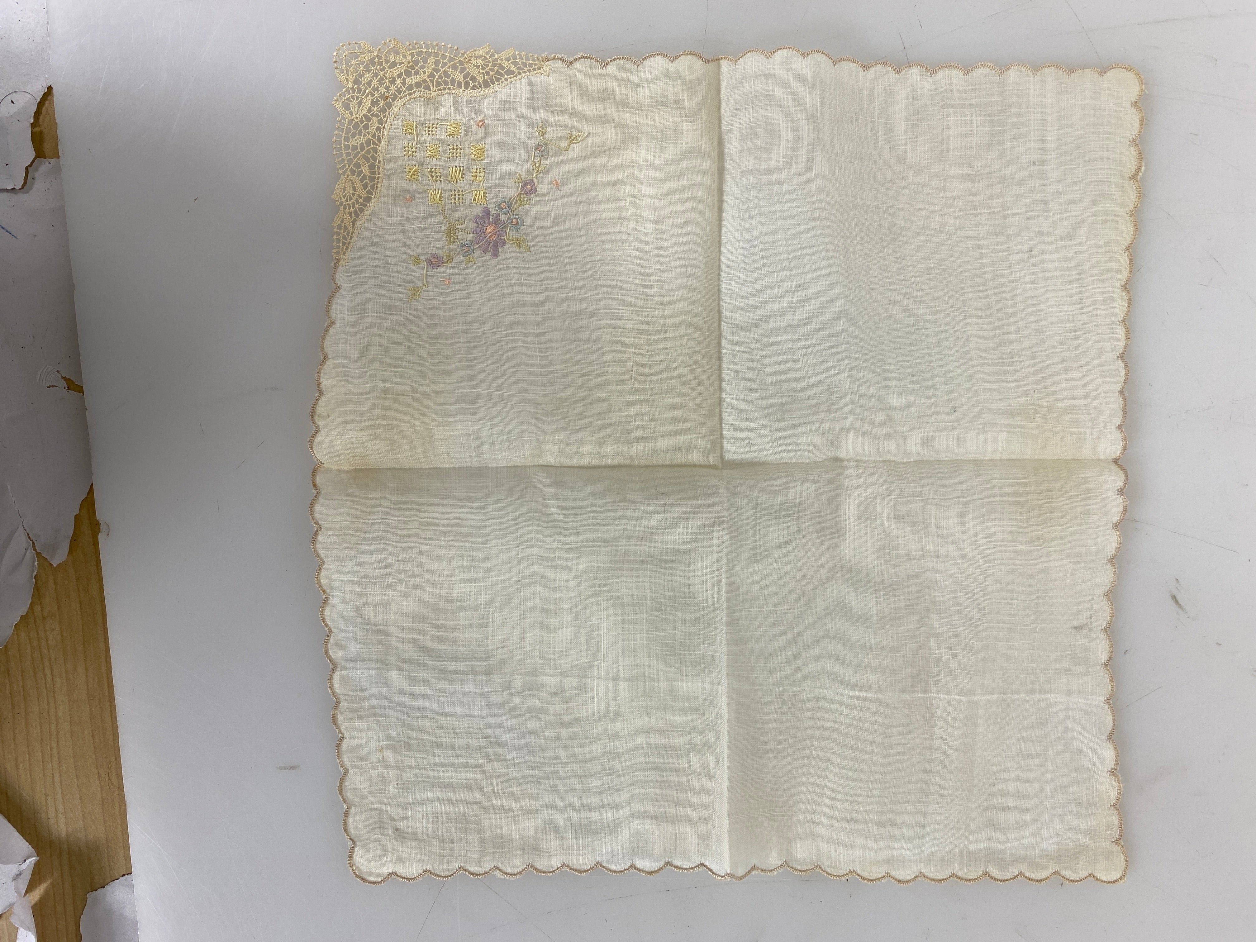 Vintage 1890s White Linen Handkerchief with Pastel Flower Embroidery
