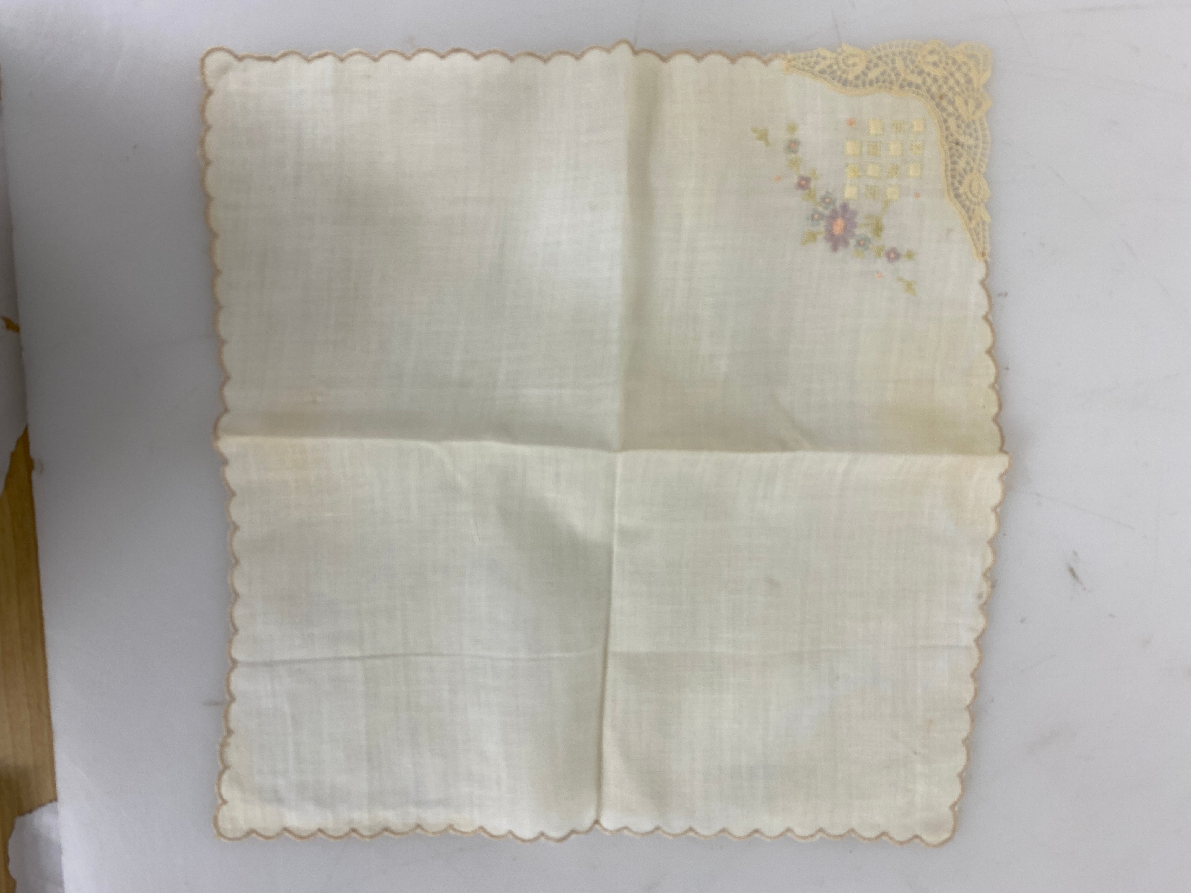 Vintage 1890s White Linen Handkerchief with Pastel Flower Embroidery