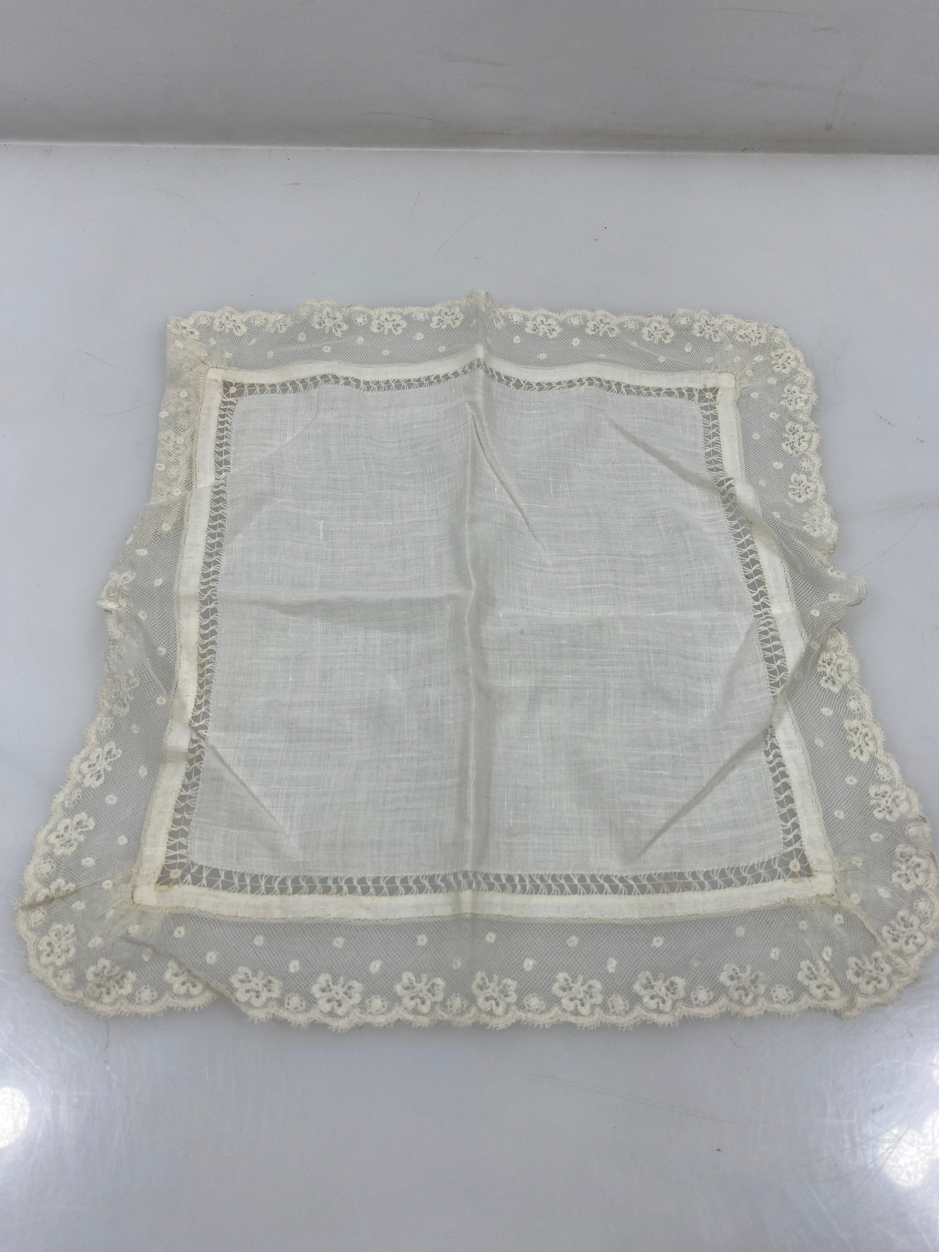Vintage 1900s Sheer White Handkerchief with Floral Lace Border