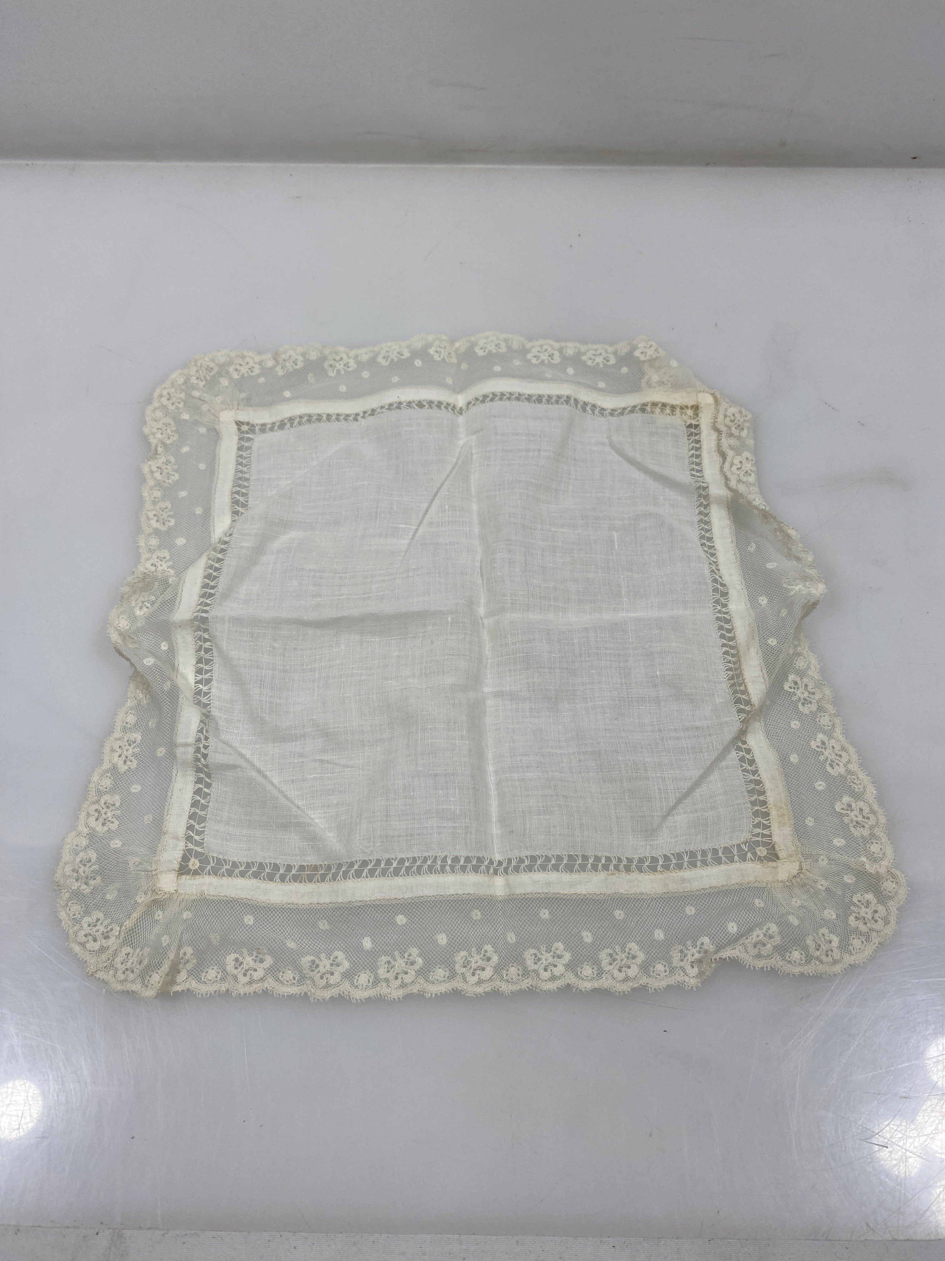 Vintage 1900s Sheer White Handkerchief with Floral Lace Border
