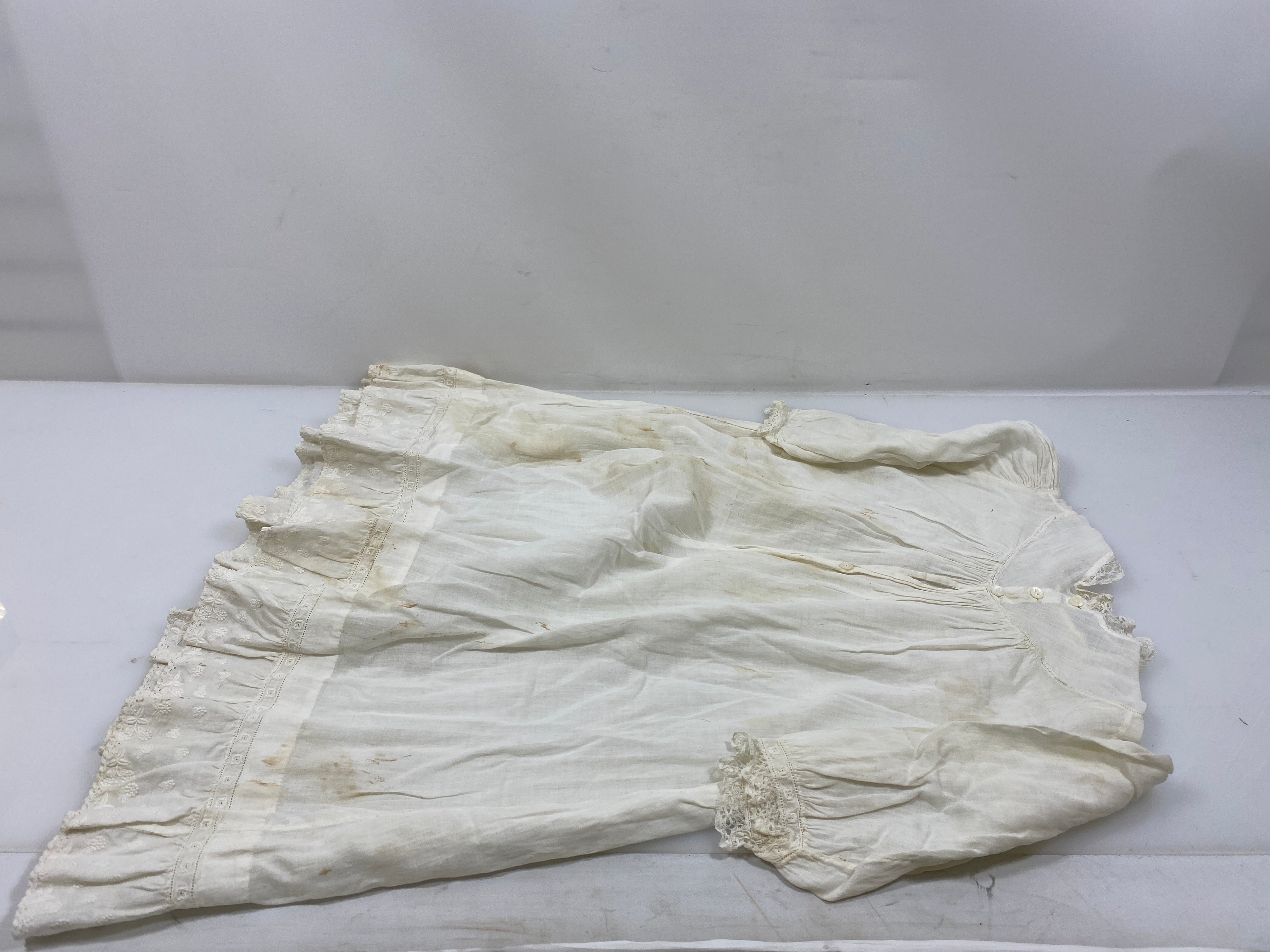 Vintage 1900s White Linen Children's Dress with Embroidered Frills