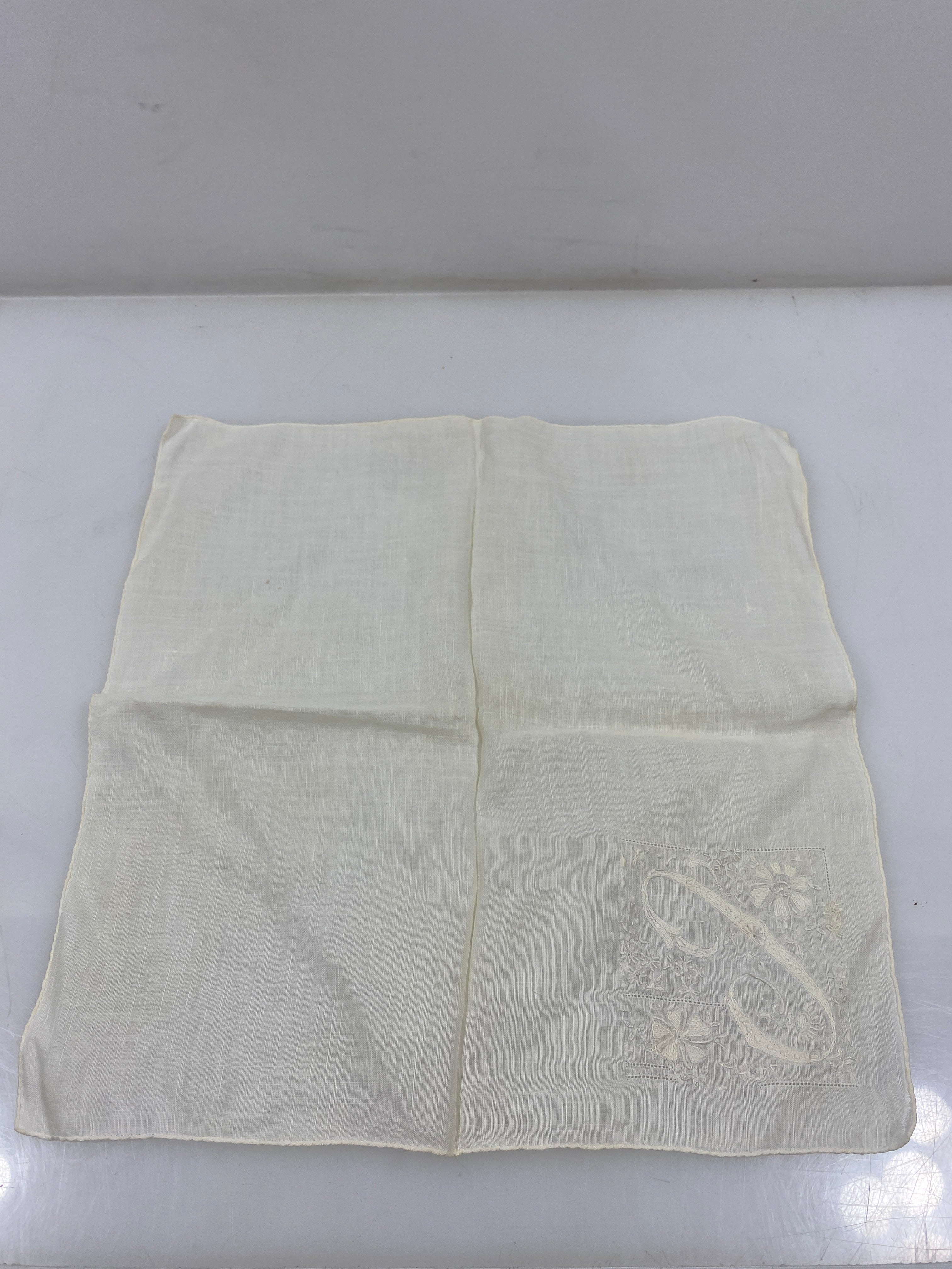 Vintage 1900s White Linen Handkerchief with Embroidered "C"