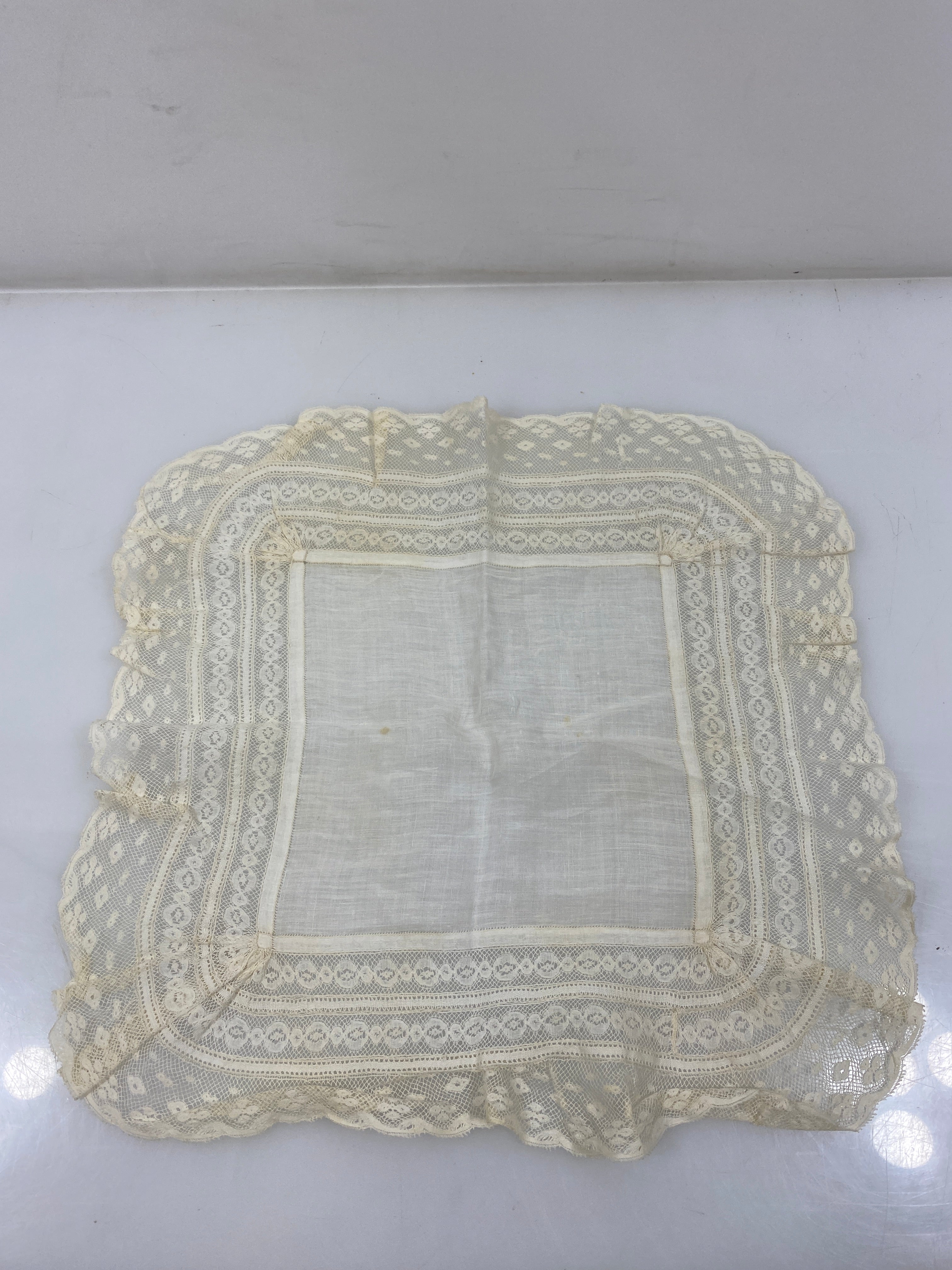 Vintage 1900s White Linen Handkerchief with Lace Border
