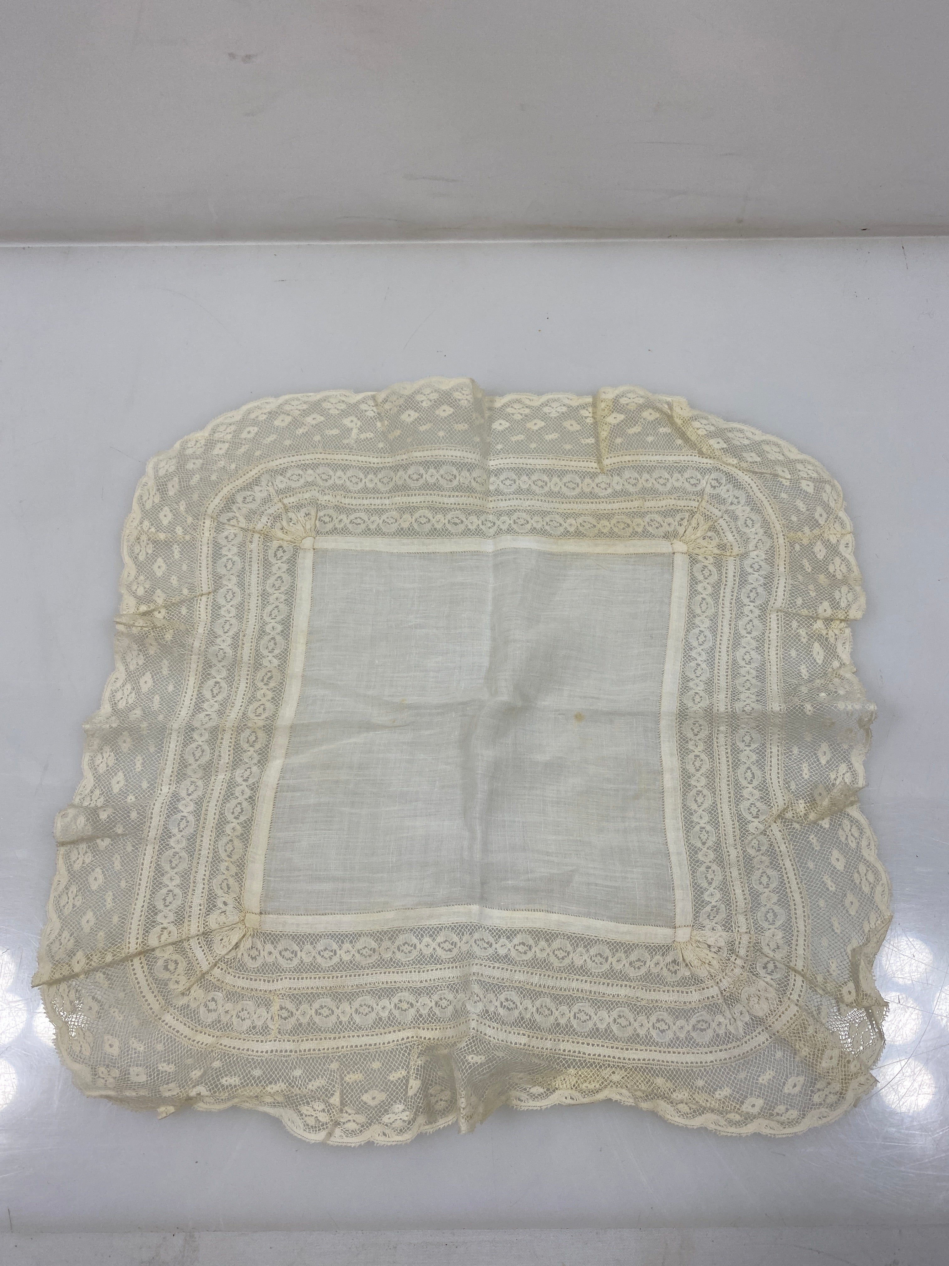 Vintage 1900s White Linen Handkerchief with Lace Border