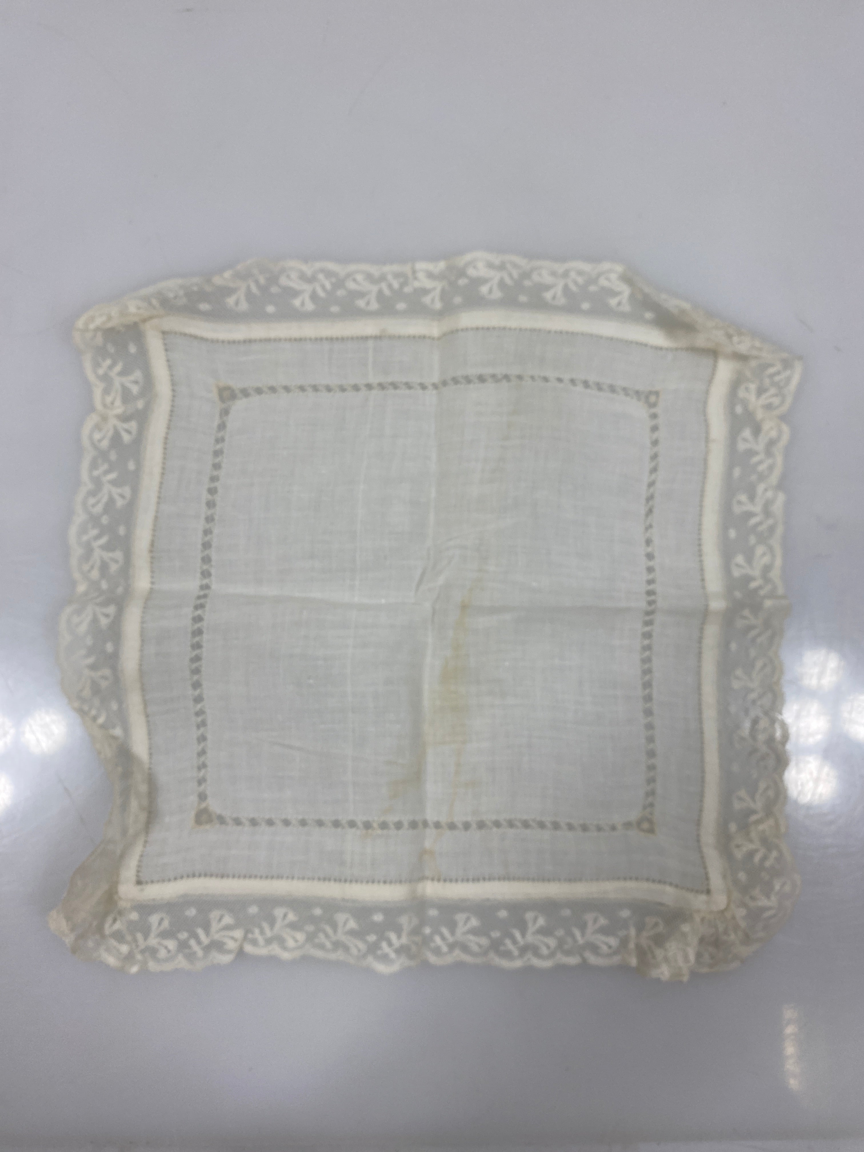 Vintage 1900s White Linen Handkerchief with Lace Border