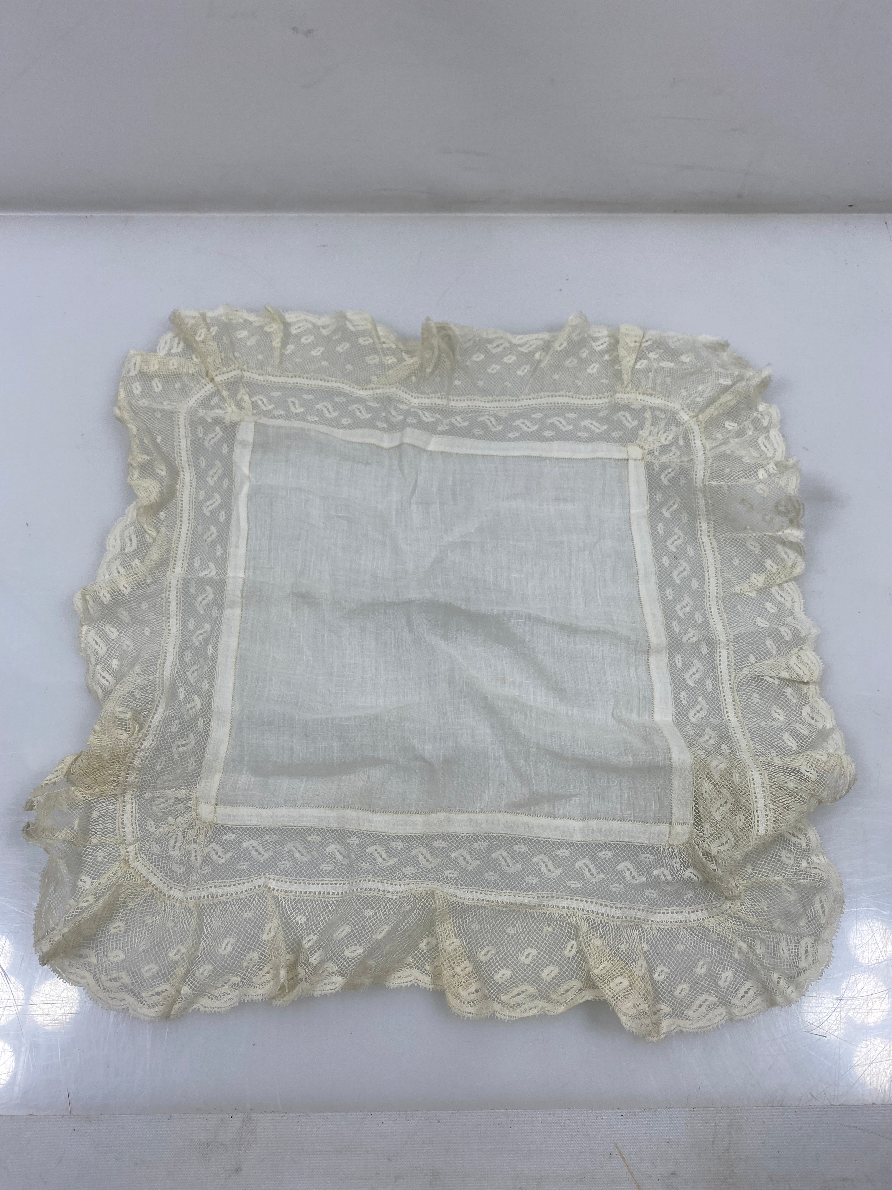 Vintage 1900s White Linen Handkerchief with Lace Details