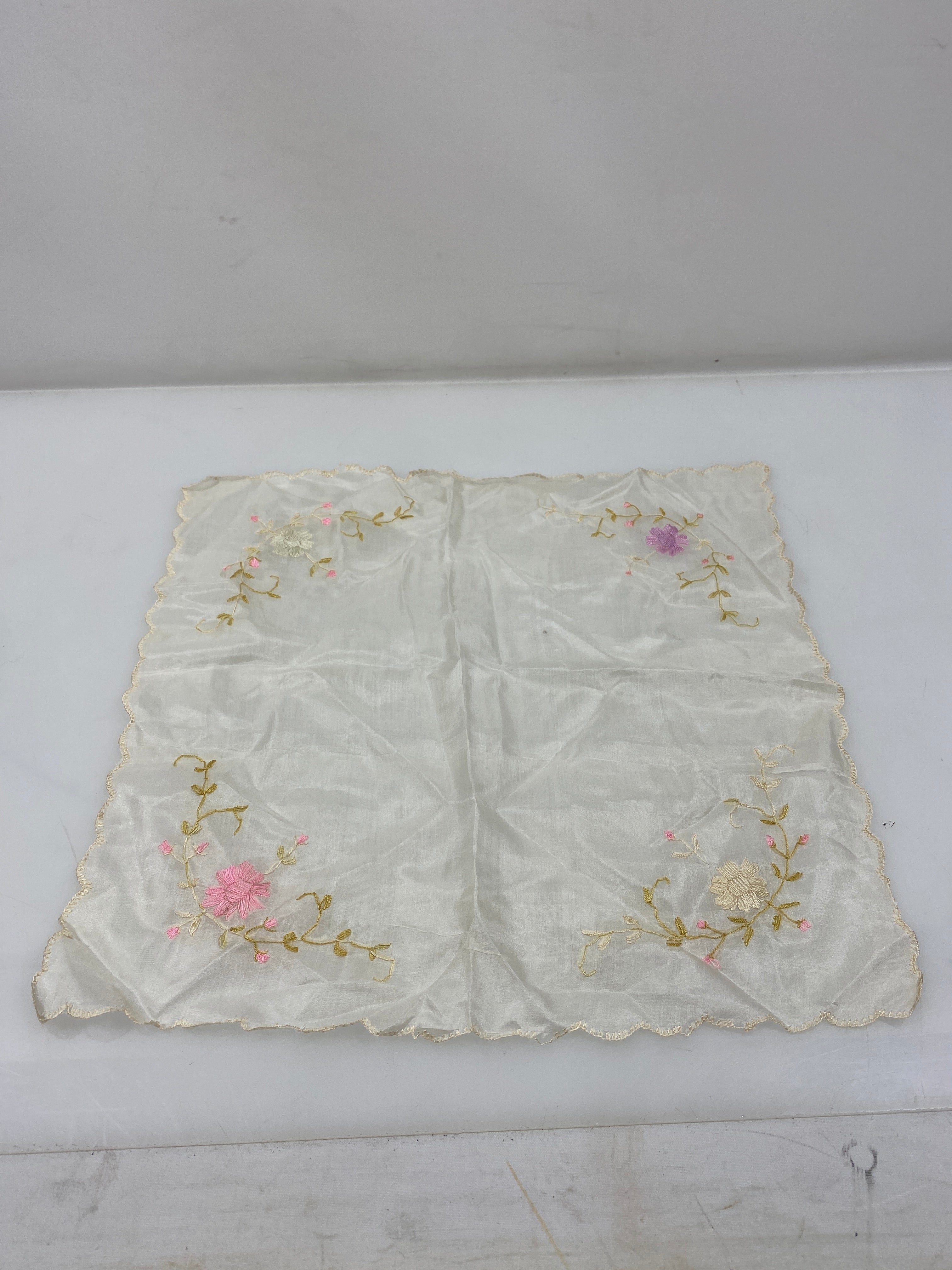 Vintage 1900s White Sheer Handkerchief with Pastel Floral Embroidery