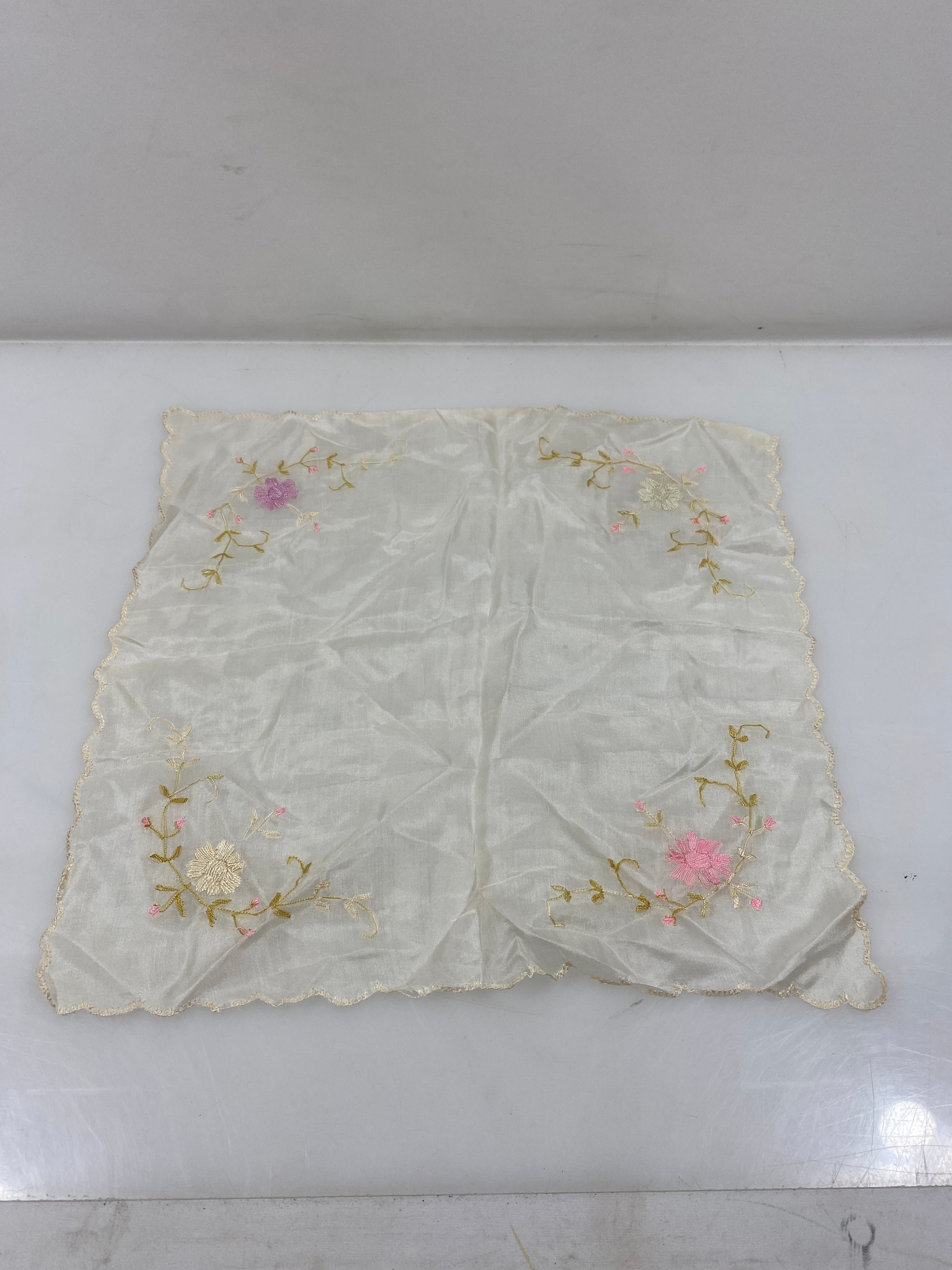 Vintage 1900s White Sheer Handkerchief with Pastel Floral Embroidery