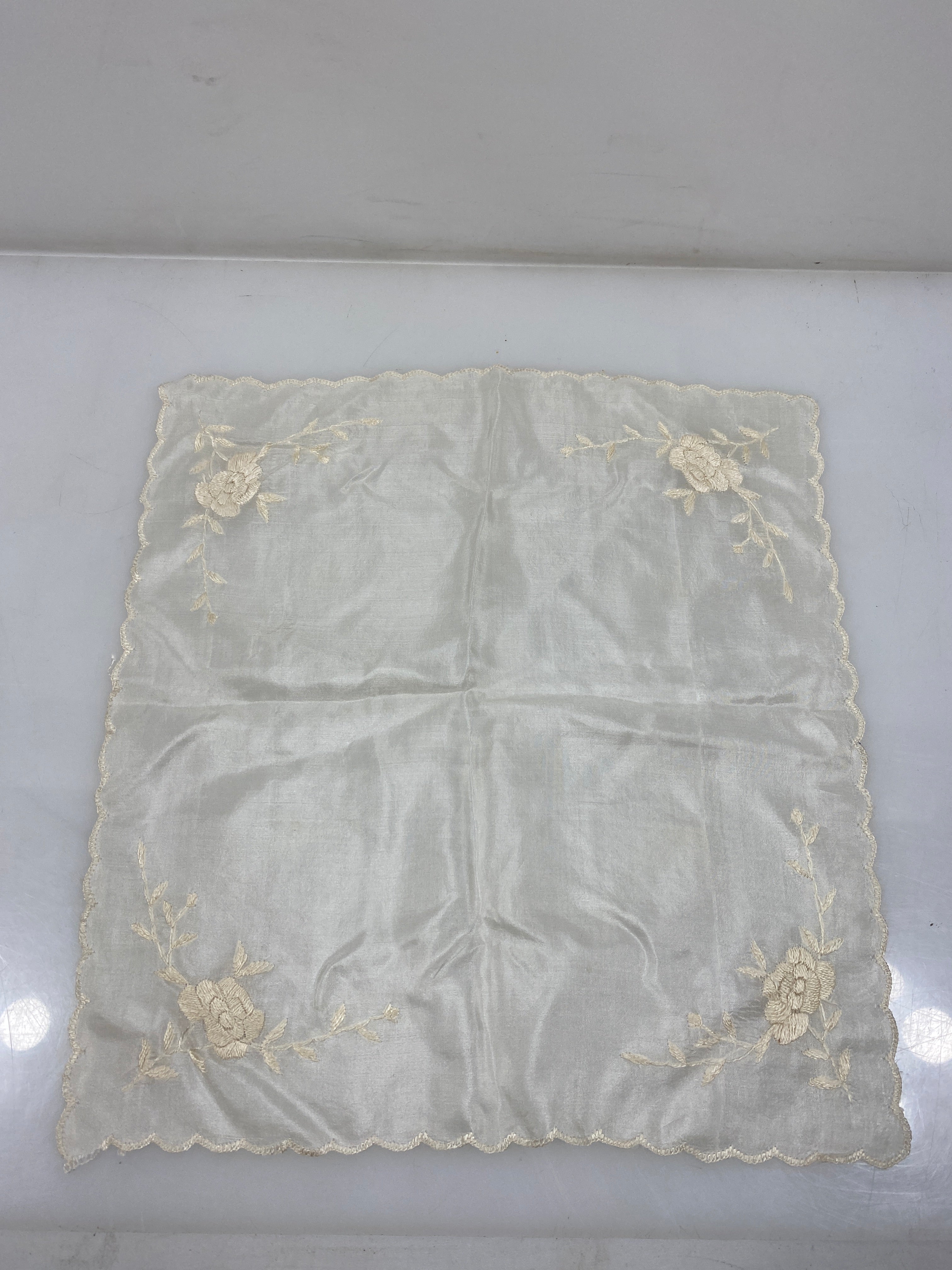 Vintage 1900s White Sheer Linen Handkerchief with Floral Embroidery