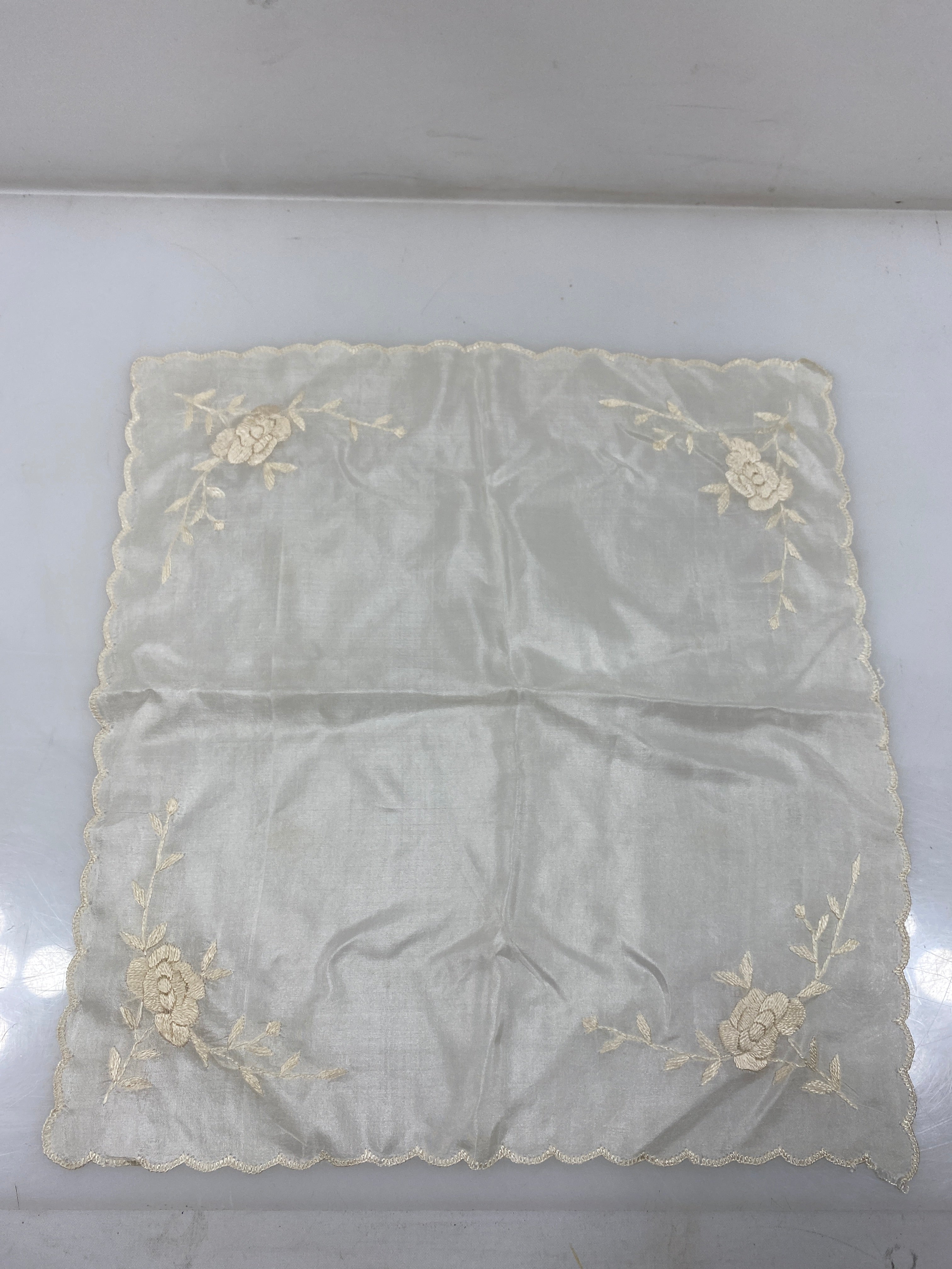 Vintage 1900s White Sheer Linen Handkerchief with Floral Embroidery