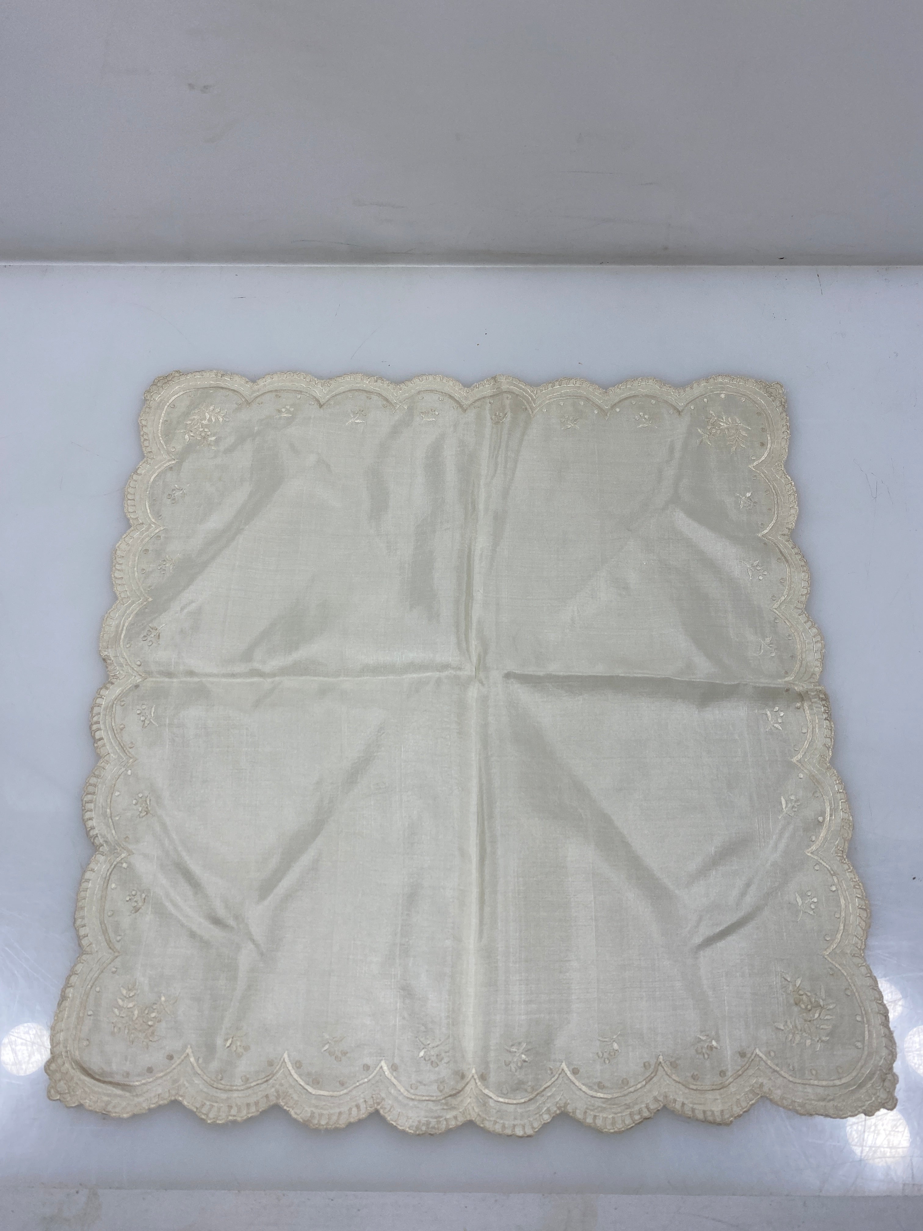 Vintage 1900s White Silk Handkerchief with Embroidered Designs